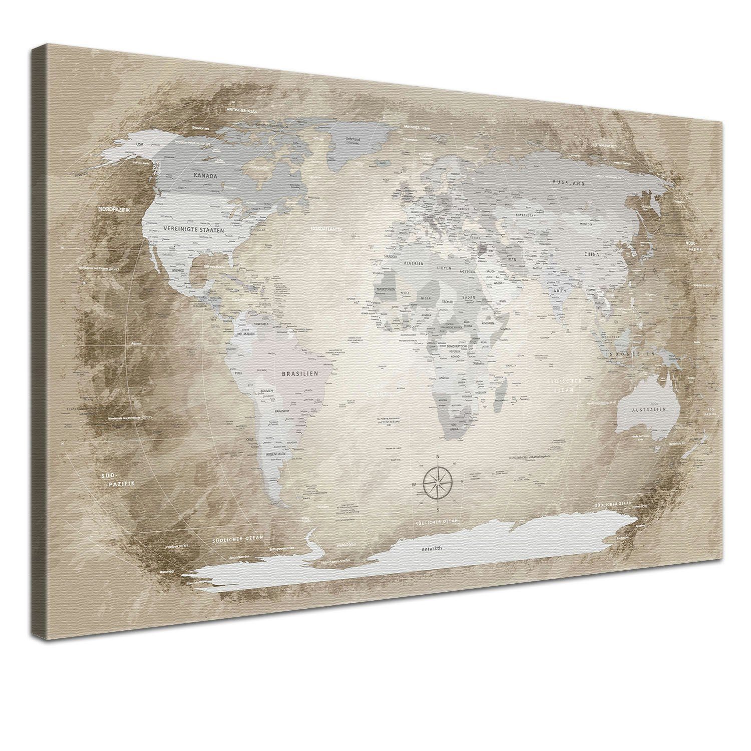 LANA KK Leinwandbild Weltkarte Pinnwand zum markieren von Reisezielen, deutsche Beschriftung Beige