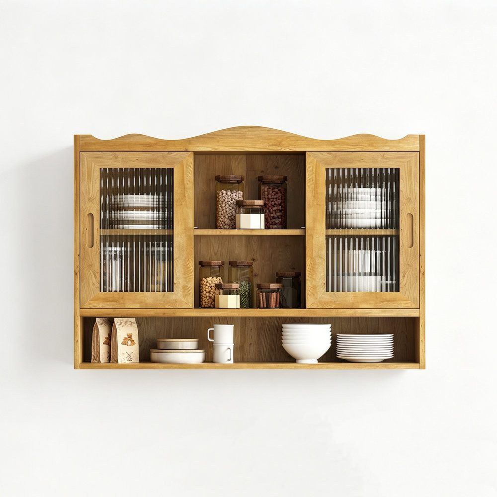 Odikalo Wandhängeschrank Hängevitrine Hängeschränke mit Stauraum, 90 cm breiter Retro-Wandschrank mit zwei Schiebetüren und drei Staufächern, geeignet für Badezimmer, Küchen und Esszimmer