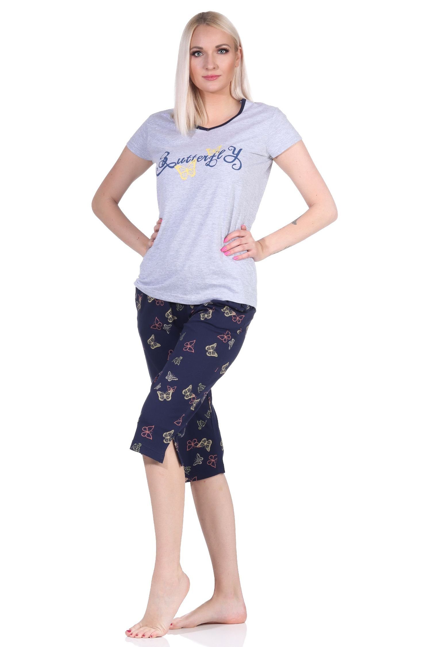 Normann Pyjama Damen kurzarm Capri Schlafanzug mit Schmetterling als Motiv grau-melange