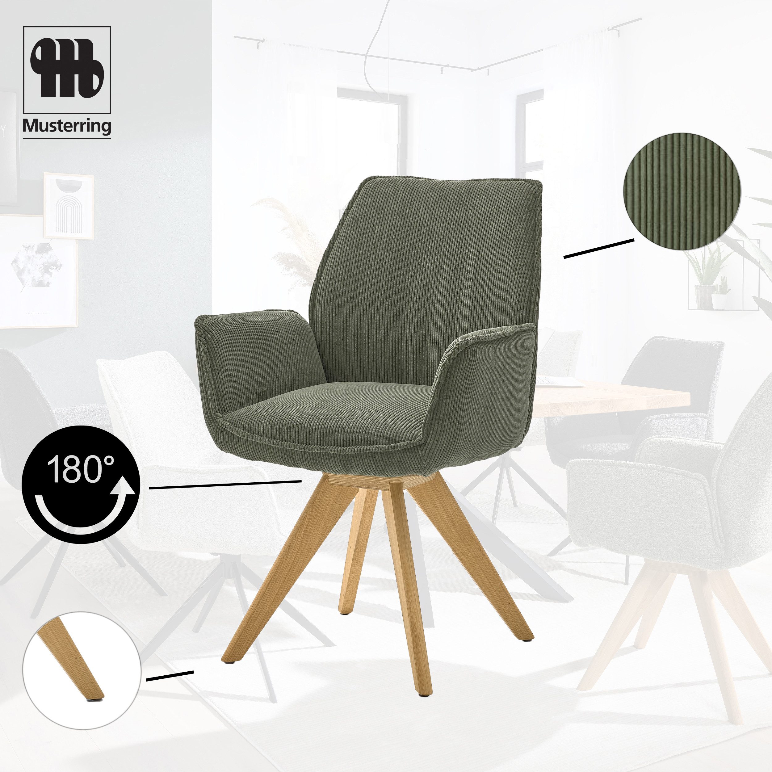 Musterring Esszimmerstuhl Tiama (Set, 2 St), Stativgestell Eiche massiv, 180° drehbar, Stoff Cord oder Bouclé