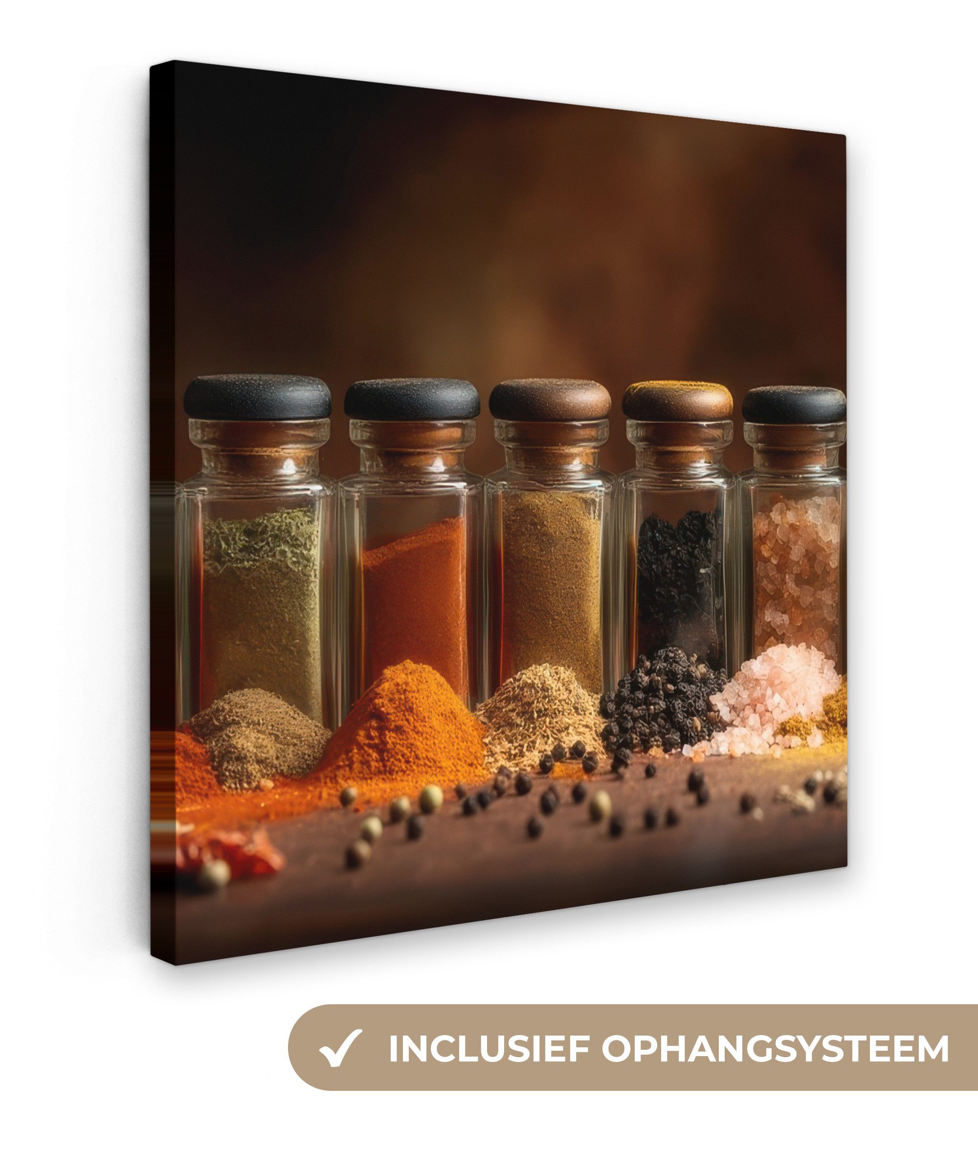 OneMillionCanvasses® Leinwandbild Gläser - Kräuter - Gewürze - Körner, Fotodruck (1 St), Wandbilder für Esszimmer, Wanddeko Bilder Küche, 20x20 cm
