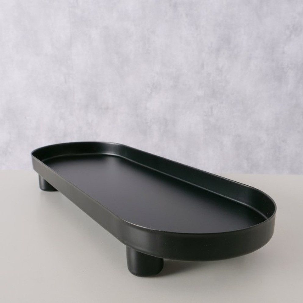 BOLTZE Dekotablett Manon – Ovales Metall-Tablett 28 cm, Schwarz & Beige, schmal