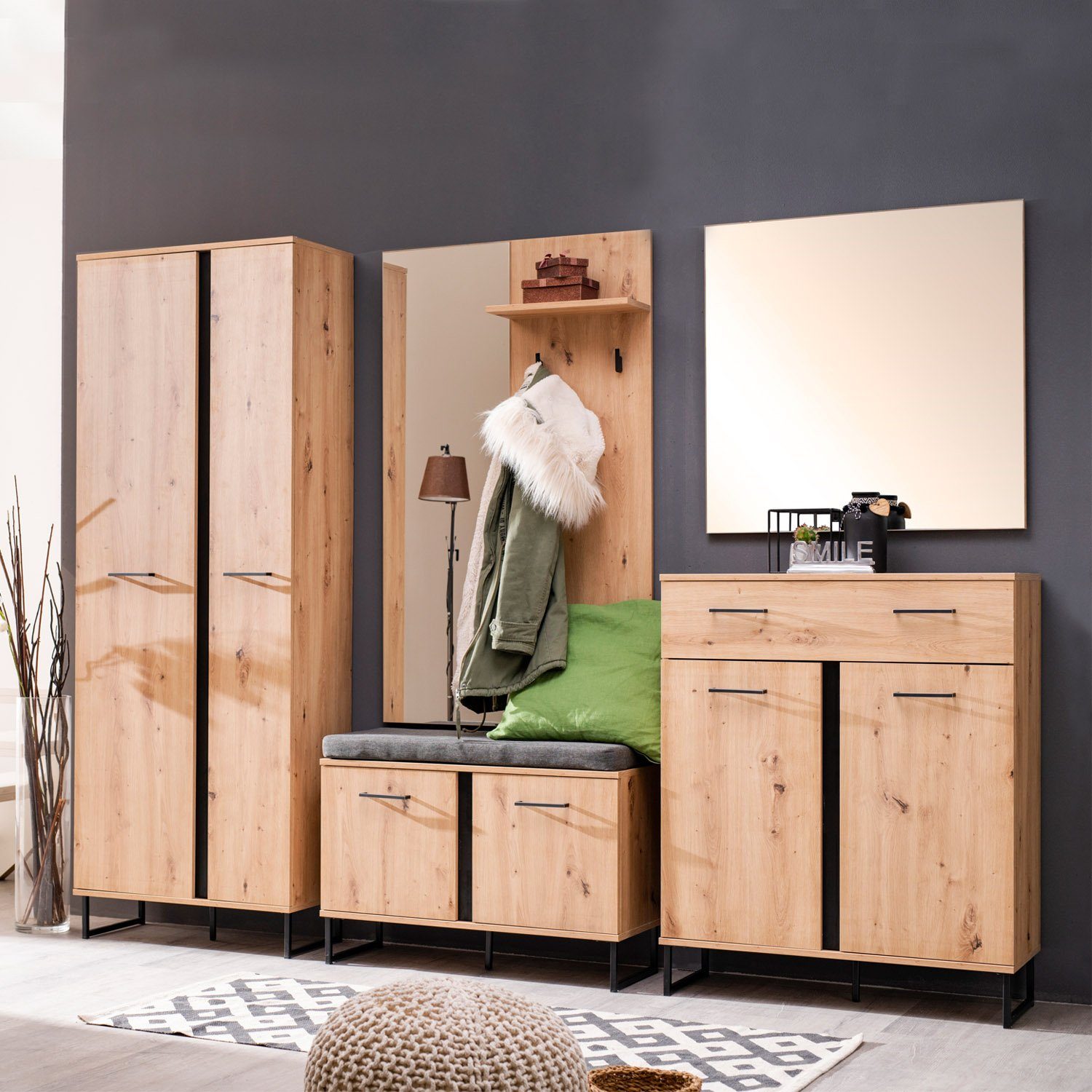 Homestyle4u Garderoben-Set Flur Industrial Holz Eiche Sitzbank Kleiderstange 3 Haken mit Spiegel, (Set, 5-St., 5-teilig)