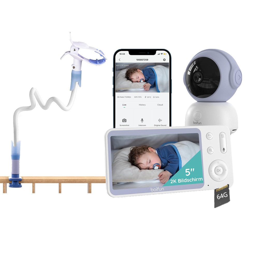 Video-Babyphone 2K 5" Babyphone mit Kamera, Babyphone und APP mit Halterung