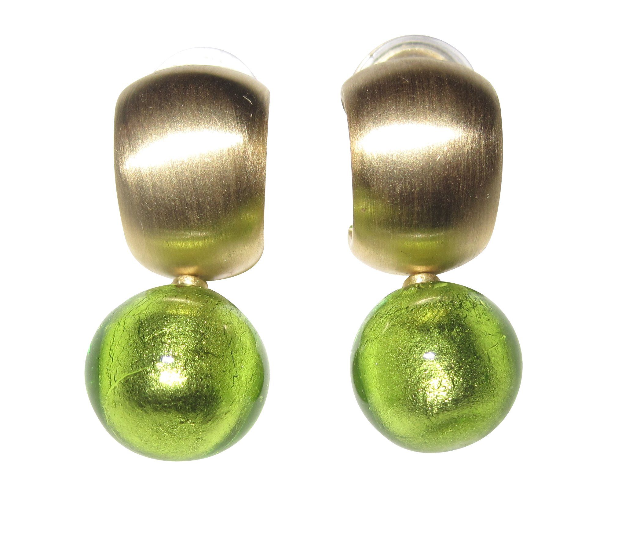 Mugello Paar Ohrclips Murano Clips Creole hellgrün gold-platt. festlich auffällig edel, Creole Goldschmiedearbeit aus Deutschland, Perle echtes Muranoglas