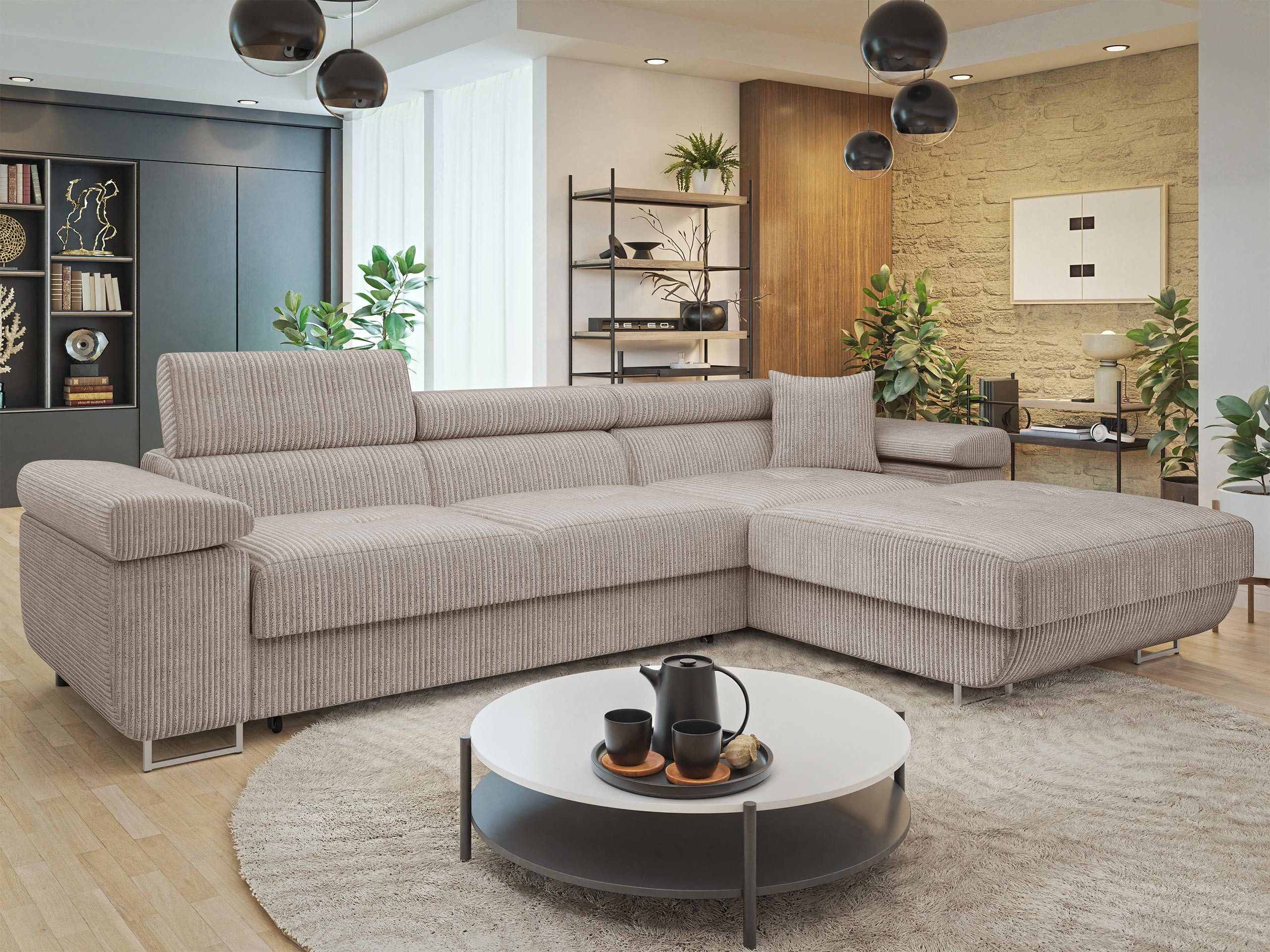 MIRJAN24 Ecksofa Torezio Mini Cord, mit Bettkasten und Schlaffunktion, Einstellbare Kopfstützen, 280x170x70-90 cm