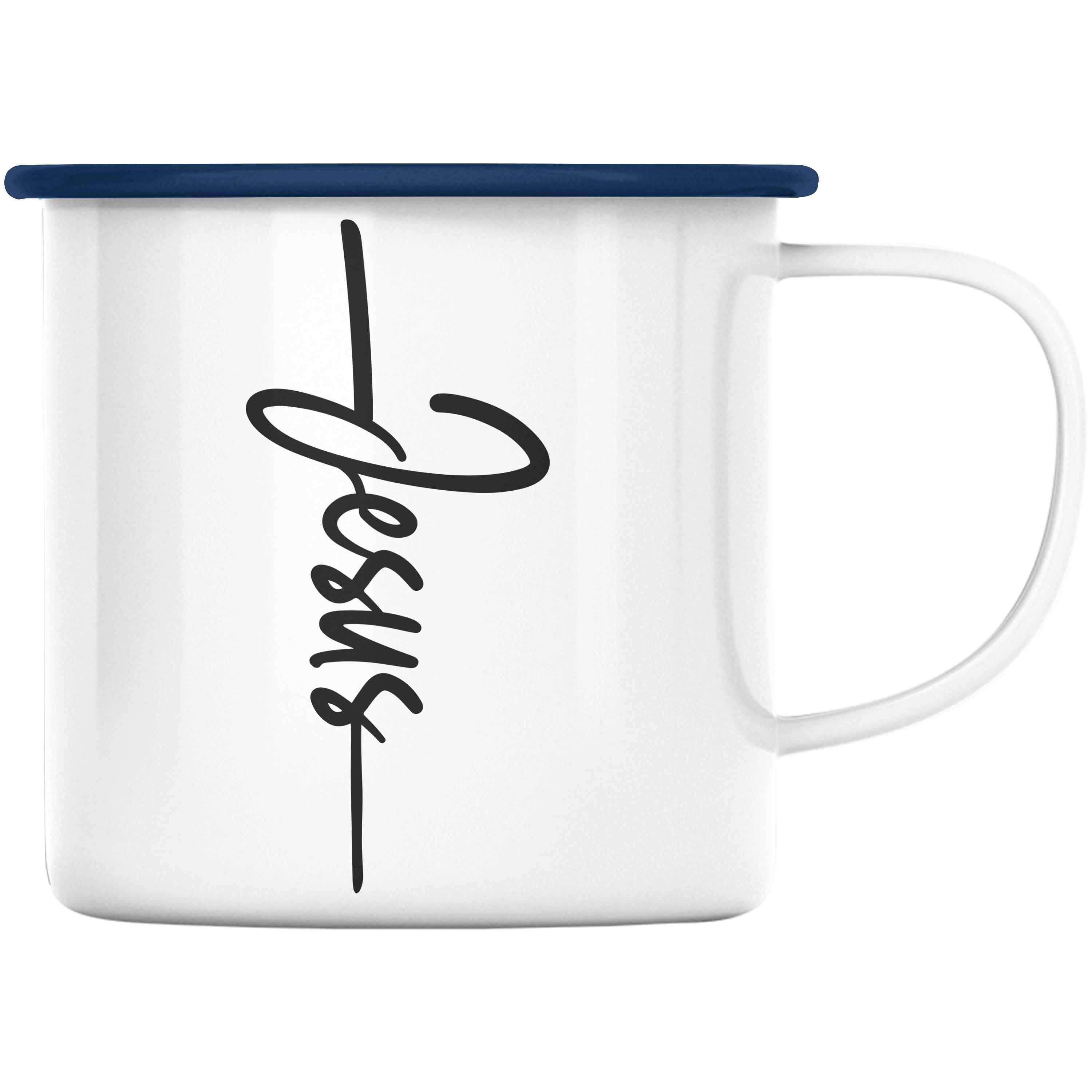 Trendation Thermotasse Trendation - Jesus Christus Emaille Tasse Bibel Geschenk Kreuz Glauben Kirche Christliche Geschenkidee Blau | Teetassen