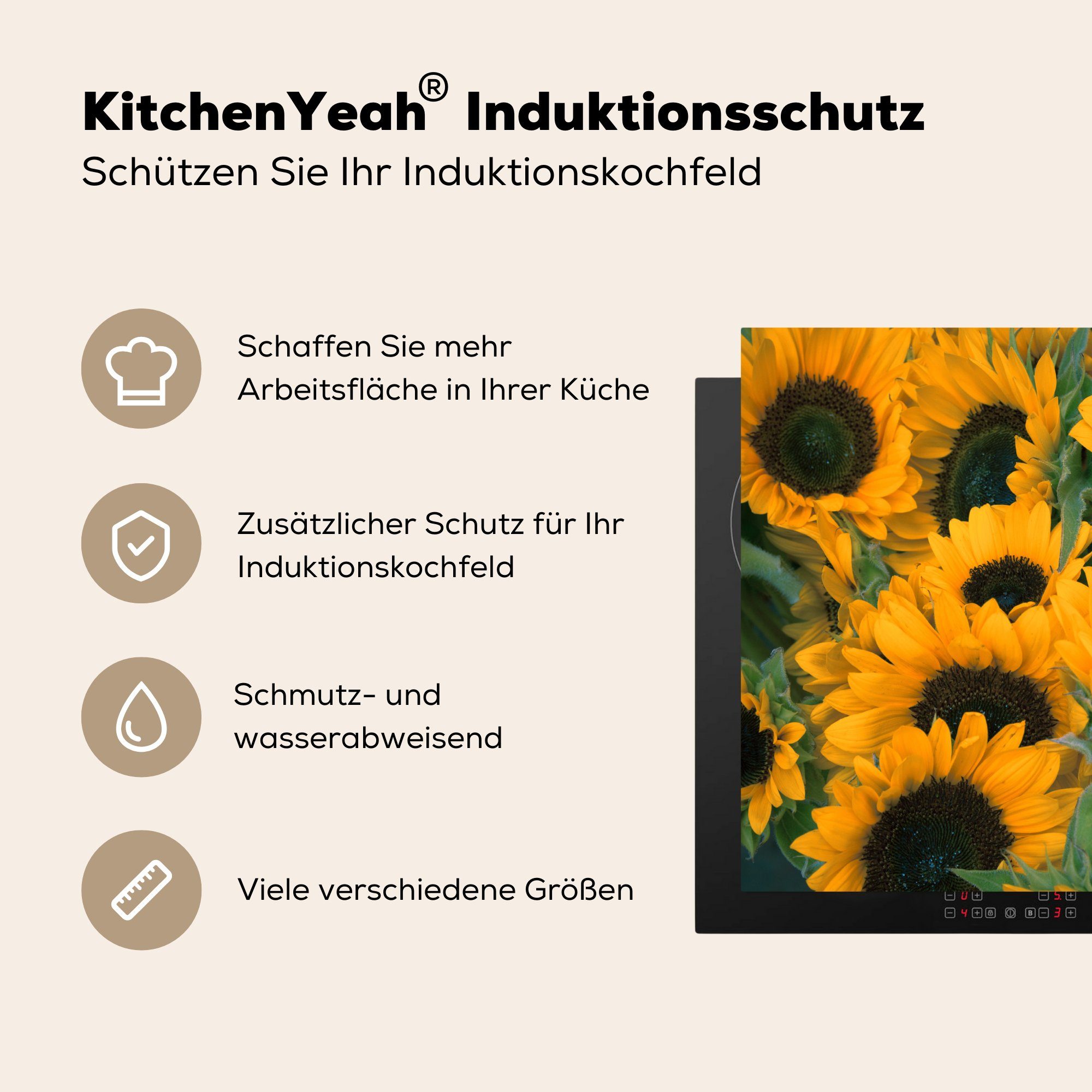 Sonnenblume 60x52 Blumen - MuchoWow Vinyl, nutzbar, Arbeitsfläche Mobile Makro, cm, tlg), - Herdblende-/Abdeckplatte (1 Ceranfeldabdeckung