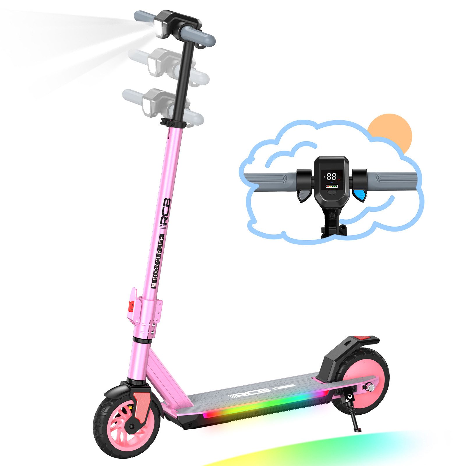 RCB Elektro-Kinderroller R12 PRO mit verstellbarer Höhe, 7-Zoll-Vollgummireifen, klappbar, LED, Belastbarkeit 60 kg, Faltmechanismus mit zwei Sicherheitsverriegelungen