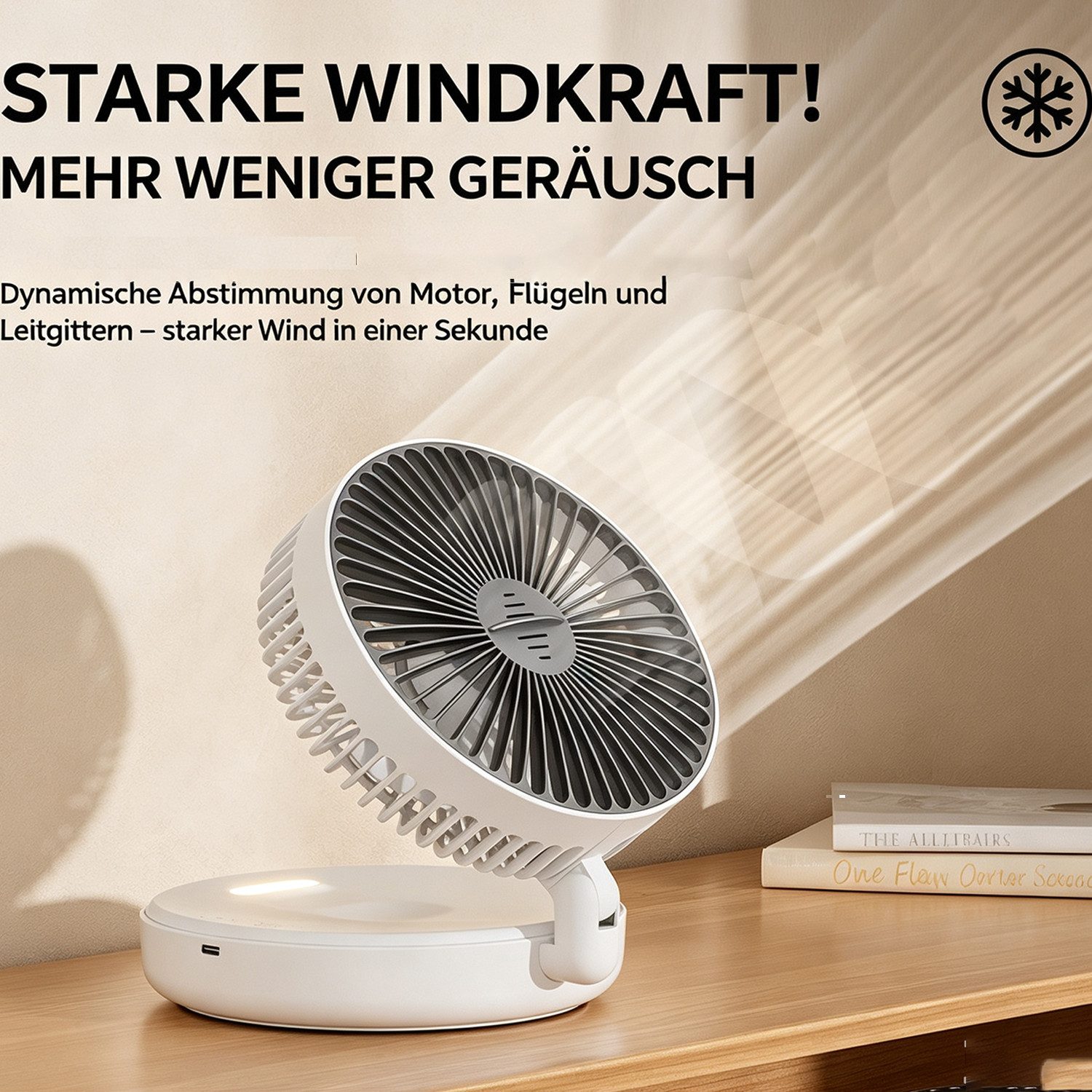 MOPUEA Tischventilator Tischventilator mit Nachtlicht,leiser, starker Luftstrom, zusammenklappbar, Wand montierbar, für Schlafzimmer und Homeoffice