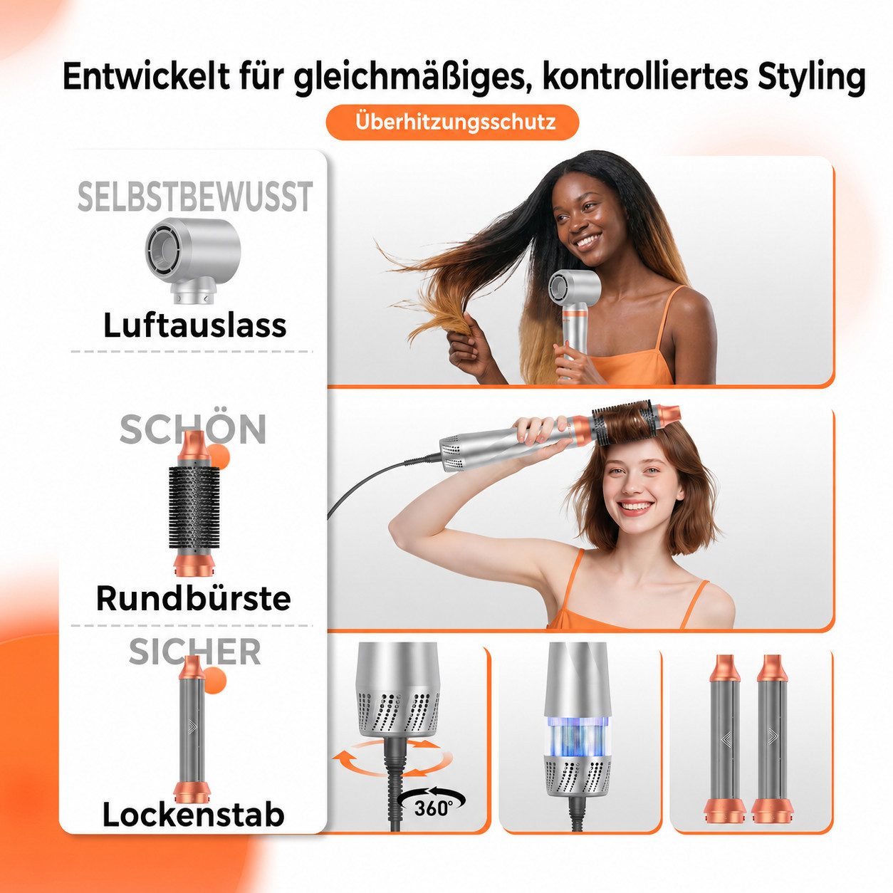 UKLISS Multihaarstyler 5-in-1 Haarstyler, Rundbürste, Haartrockner, Lockenstab und Glätteisen, 3 Temperaturstufen für Volumen, Glätten, Locken und Föhnfrisuren