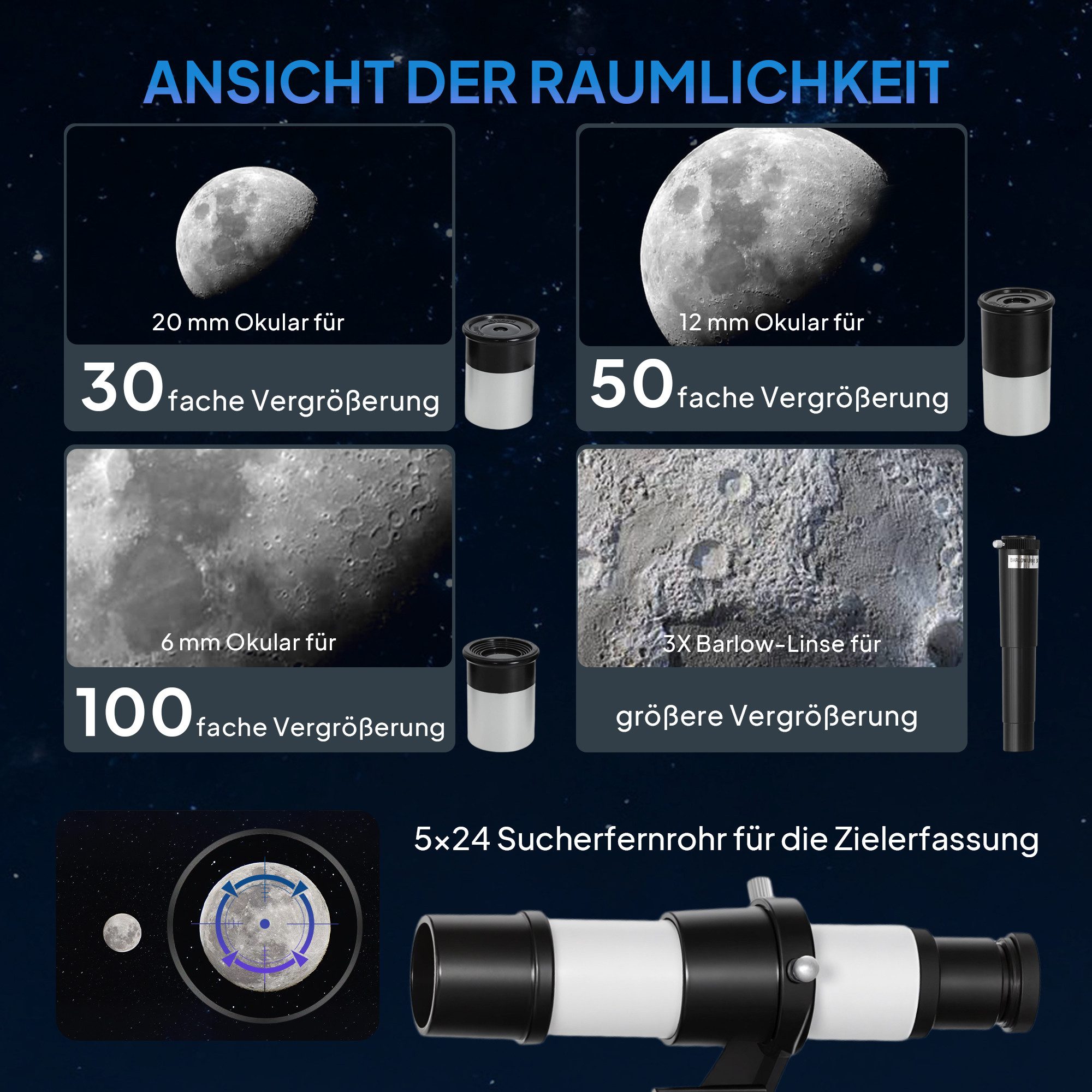 Outsunny Teleskop Astronomie Anfänger Teleskop 70mm Aperture 300mm AZ Mount, verstellbares Stativ, Weiß – Bild 5 von 5