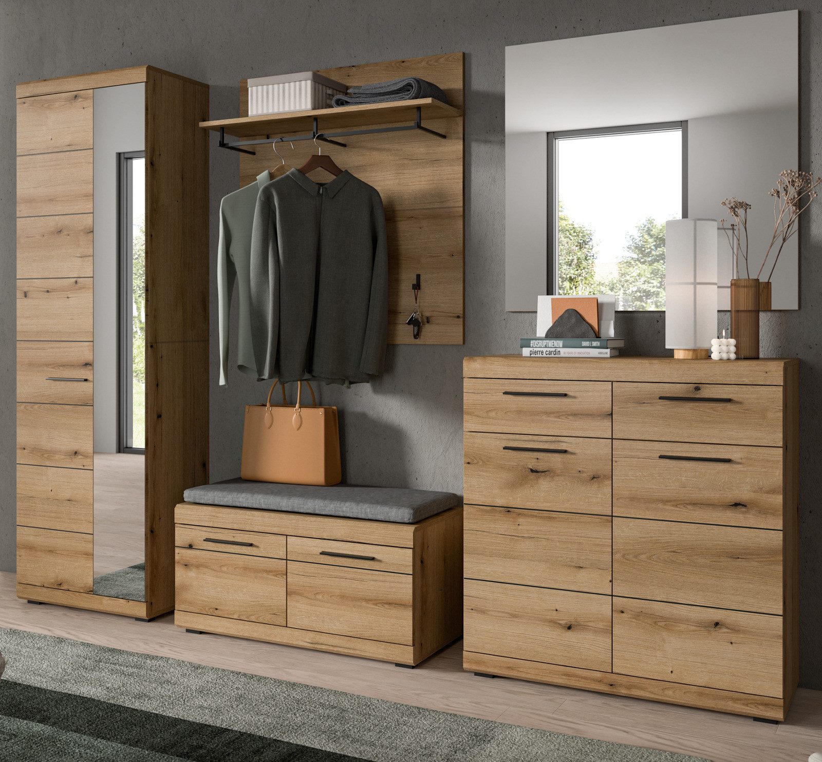 Inn.Furn Garderoben-Set Shawn, (Komplett-Set 5-teilig in Evoke Eiche, Flurgarderobe ca. 270 x 197 cm), variable Inneneinteilung, bis zu 13 Fächer
