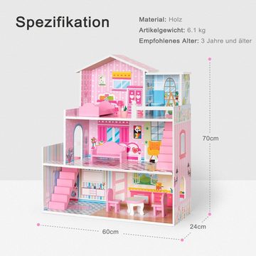 WISHDOR Puppenhaus Puppenhaus Spielset Hölzernes mit Möbeln und Zubehör Puppenhausmöbel, (Mit Schlafzimmer Wohnzimmer Esszimmer Badezimmer, 60.00(CM) x24.00(CM) x 70.00 (CM)LxWxH Pink), mit Zubehör für Puppen zwischen 7-12 cm, süßes großes Traumhaus, 3+