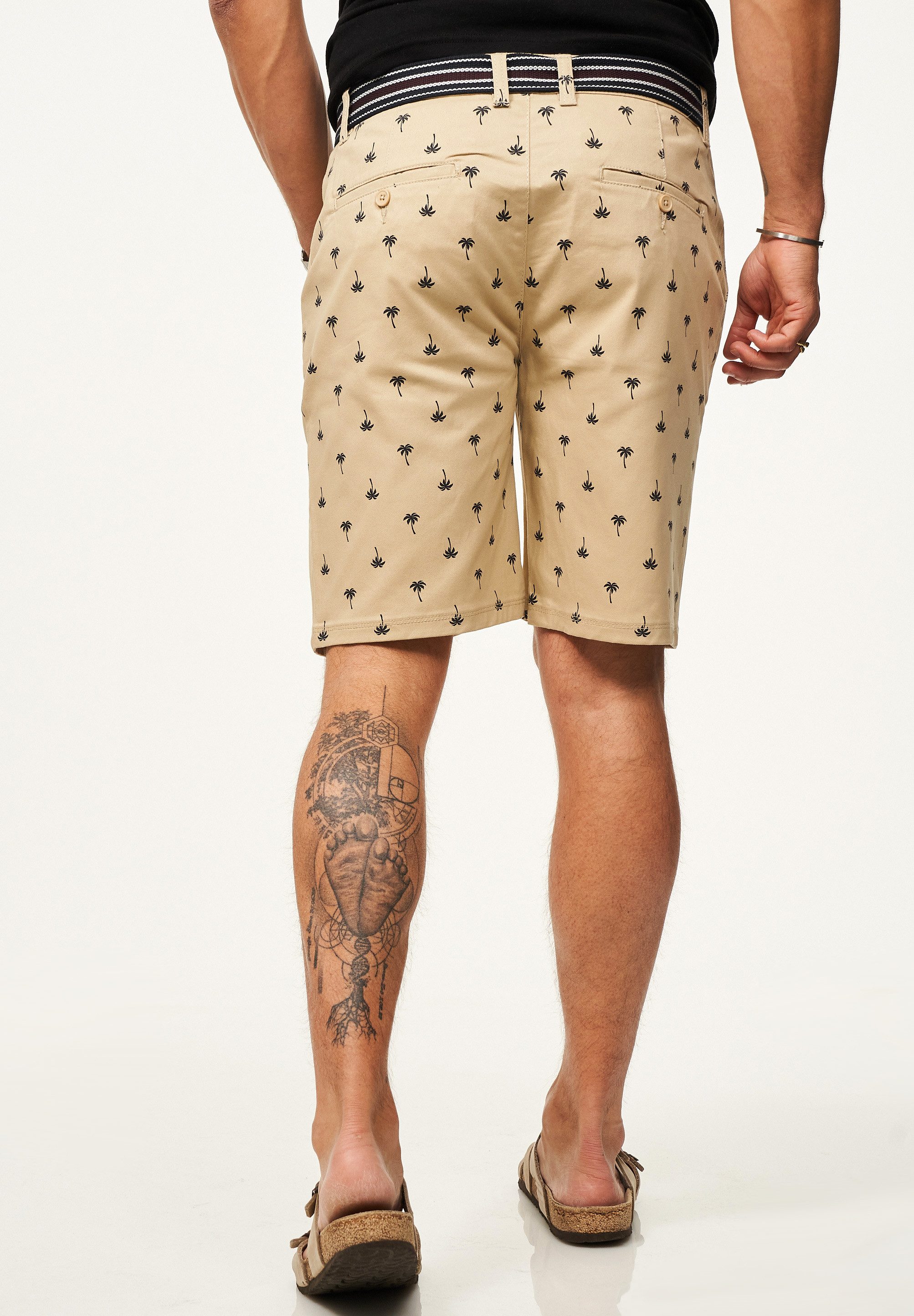 SOULSTAR Chinoshorts für Herren mit Palmenmuster & Gürtel im Regular-Fit Kurze Hose Sommer-Shorts Bermuda mit Stretchanteil
