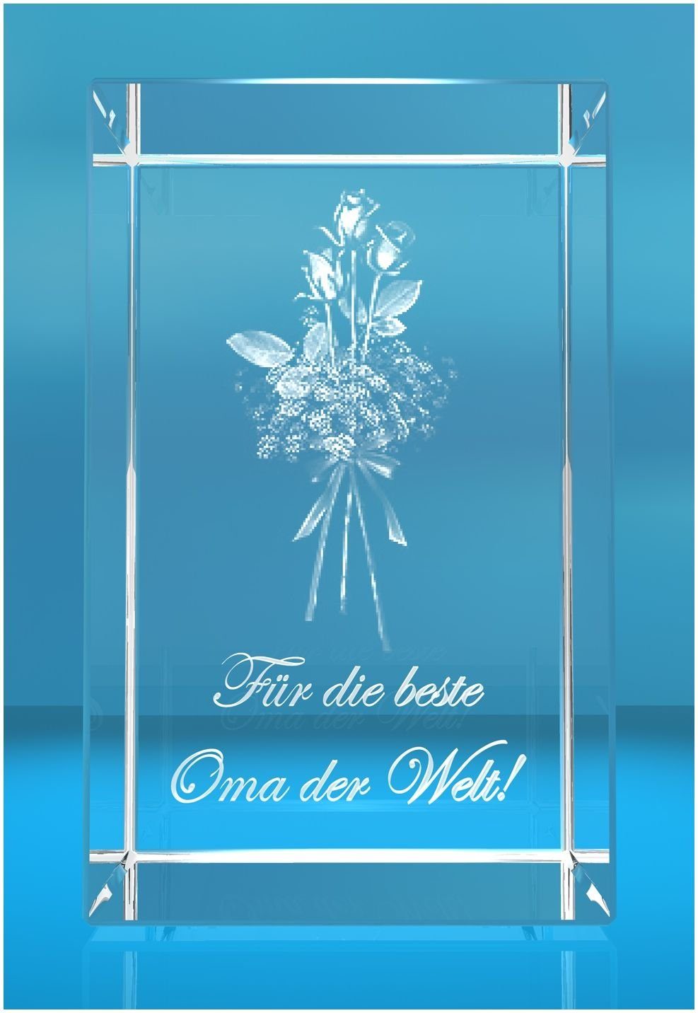 Dekofigur 3D Glasquader Motiv: Rosenstrauss Beste Oma der Welt, Hochwertige Geschenkbox, Made in Germany, Familienbetrieb