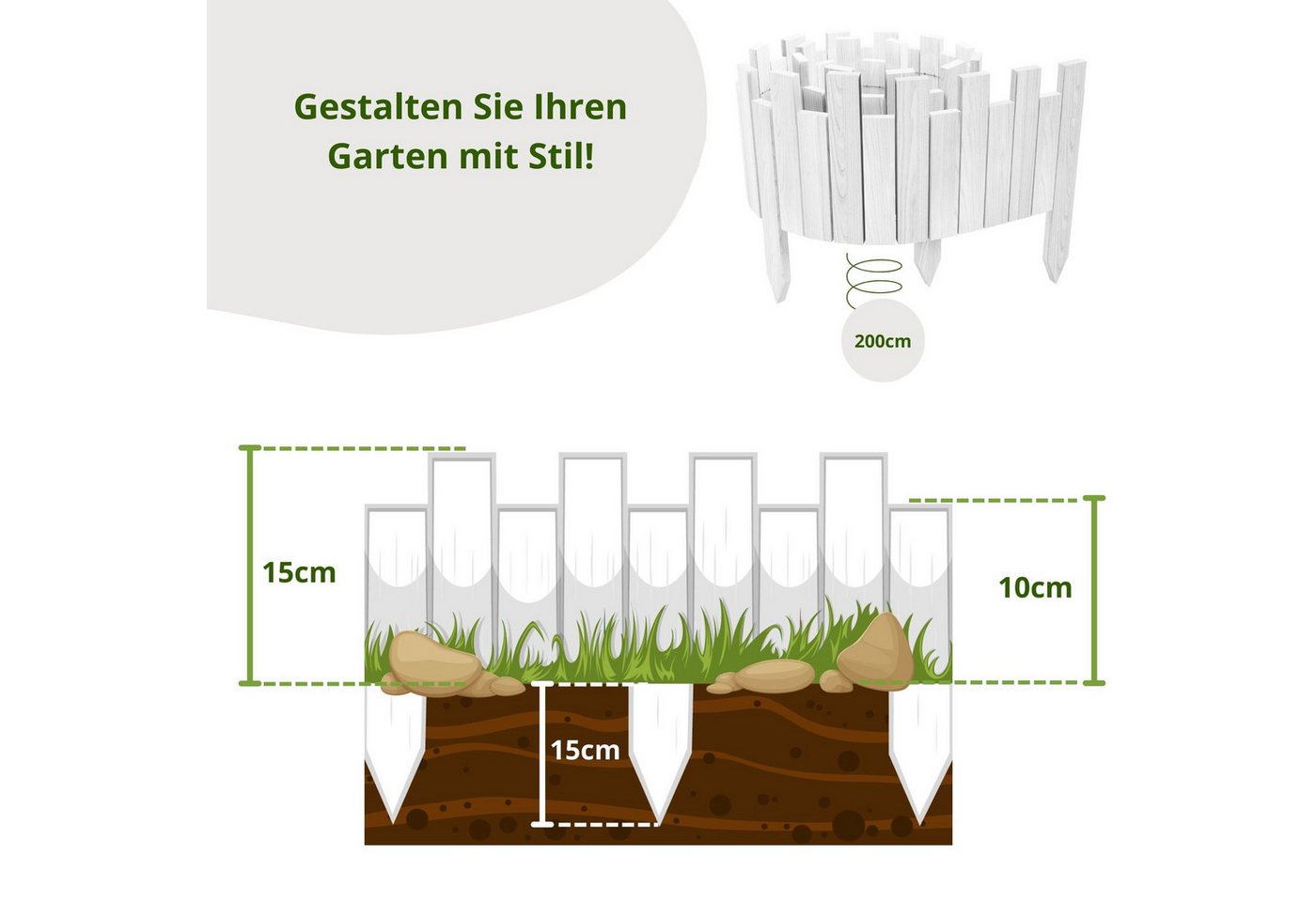 Thumbnail - Floranica Beetbegrenzung Beeteinfassung Beetumrandung Rasenkante Rollzaun Holzzaun Gartenzaun, LxH: 200x15 cm, Weiß, Umz...