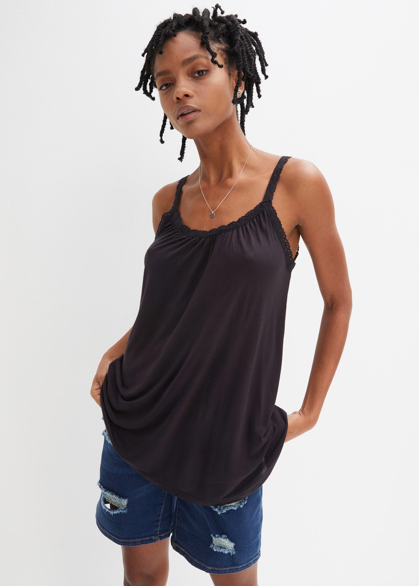 bonprix Shirttop bequeme Passform, ärmellos, aus Viskose, mit Baumwollspitze