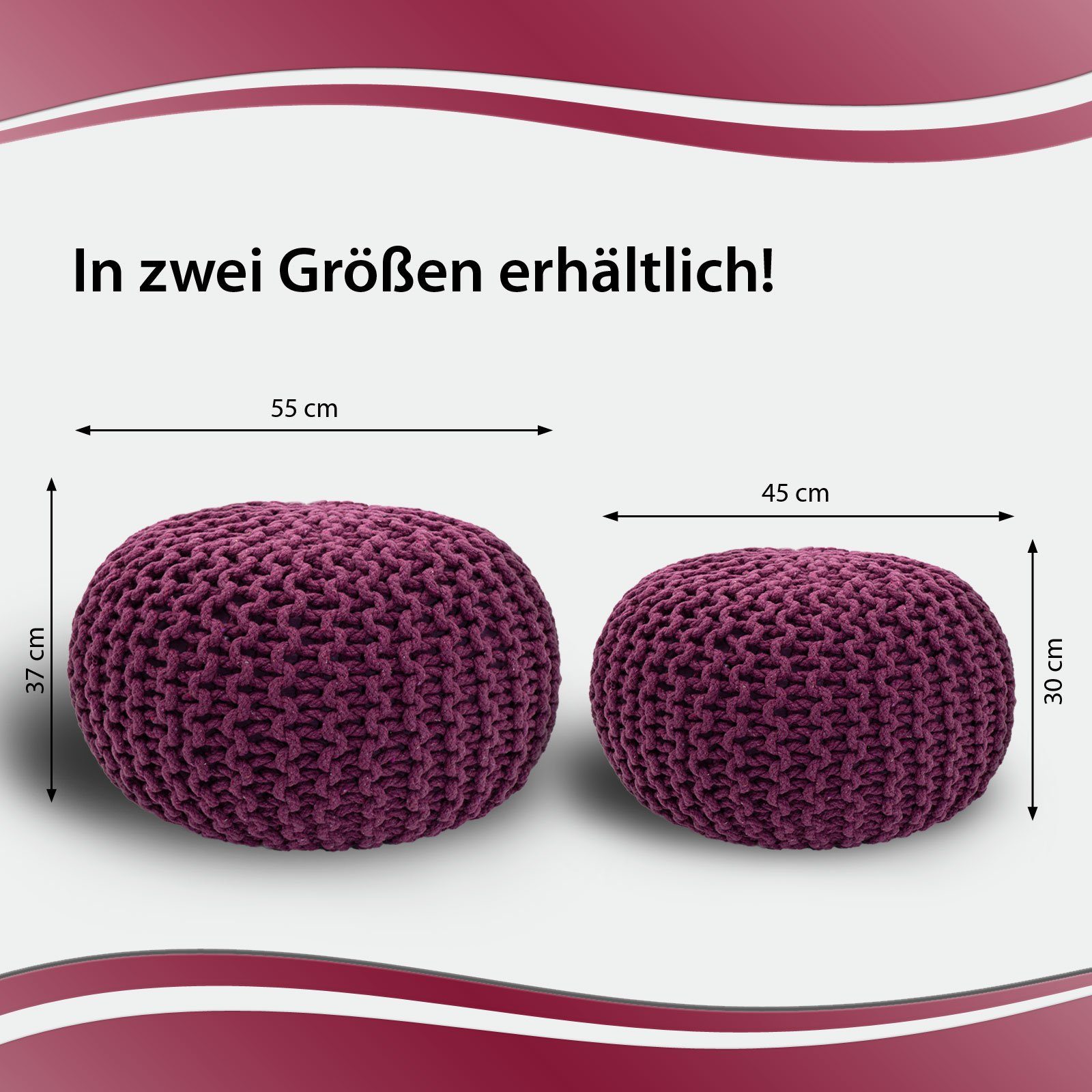 o. Ø 45 Pouf nachhaltig Strickhocker violett Casamia Bodenkissen Sitzpouf 55 Pouf cm