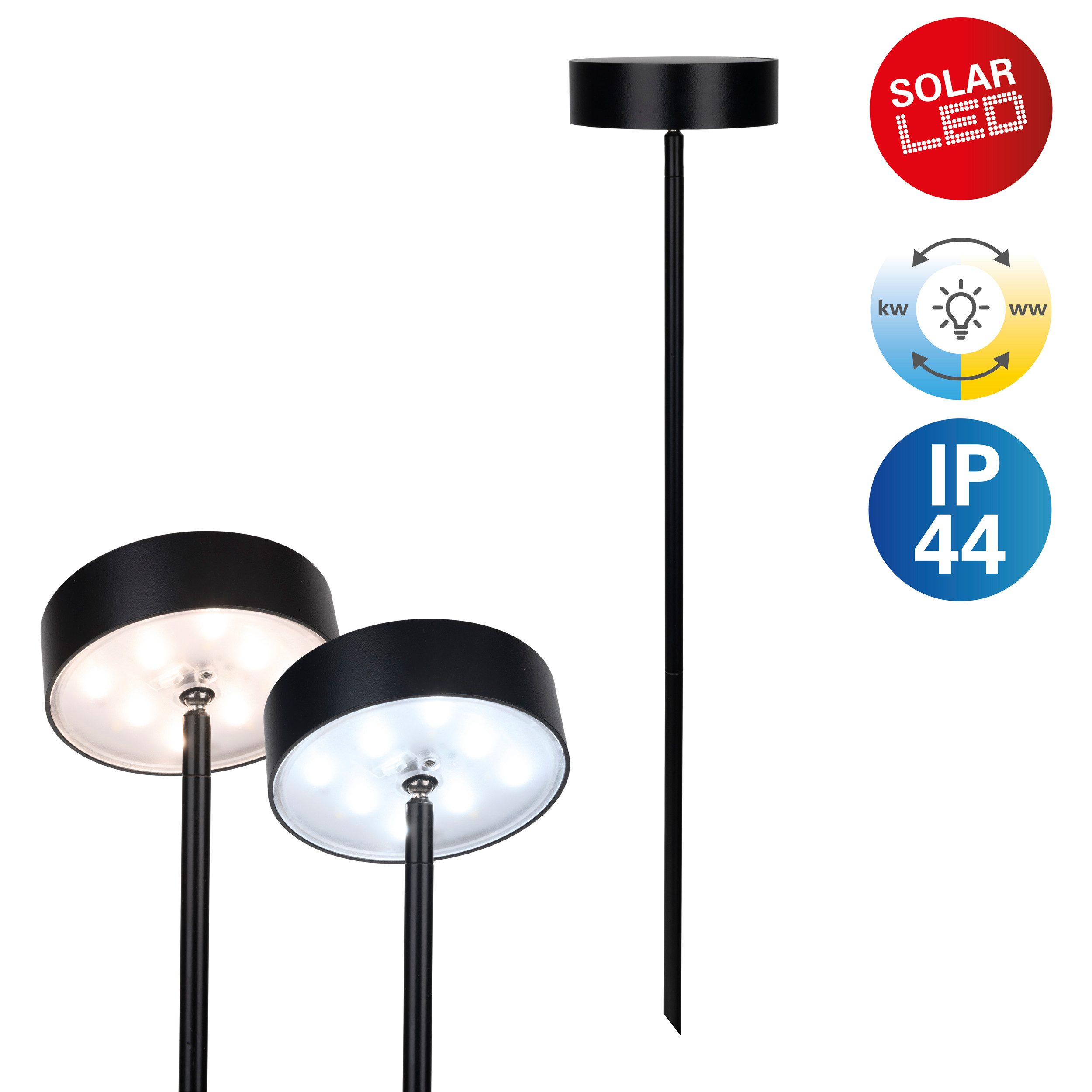 näve LED Solarleuchte Laupheim, mehrere Helligkeitsstufen, LED fest integriert, warmweiß - kaltweiß, LED Dekoerdspieß H: 56cm, schwarz, CCT, Schiebeschalter, Schirm rund
