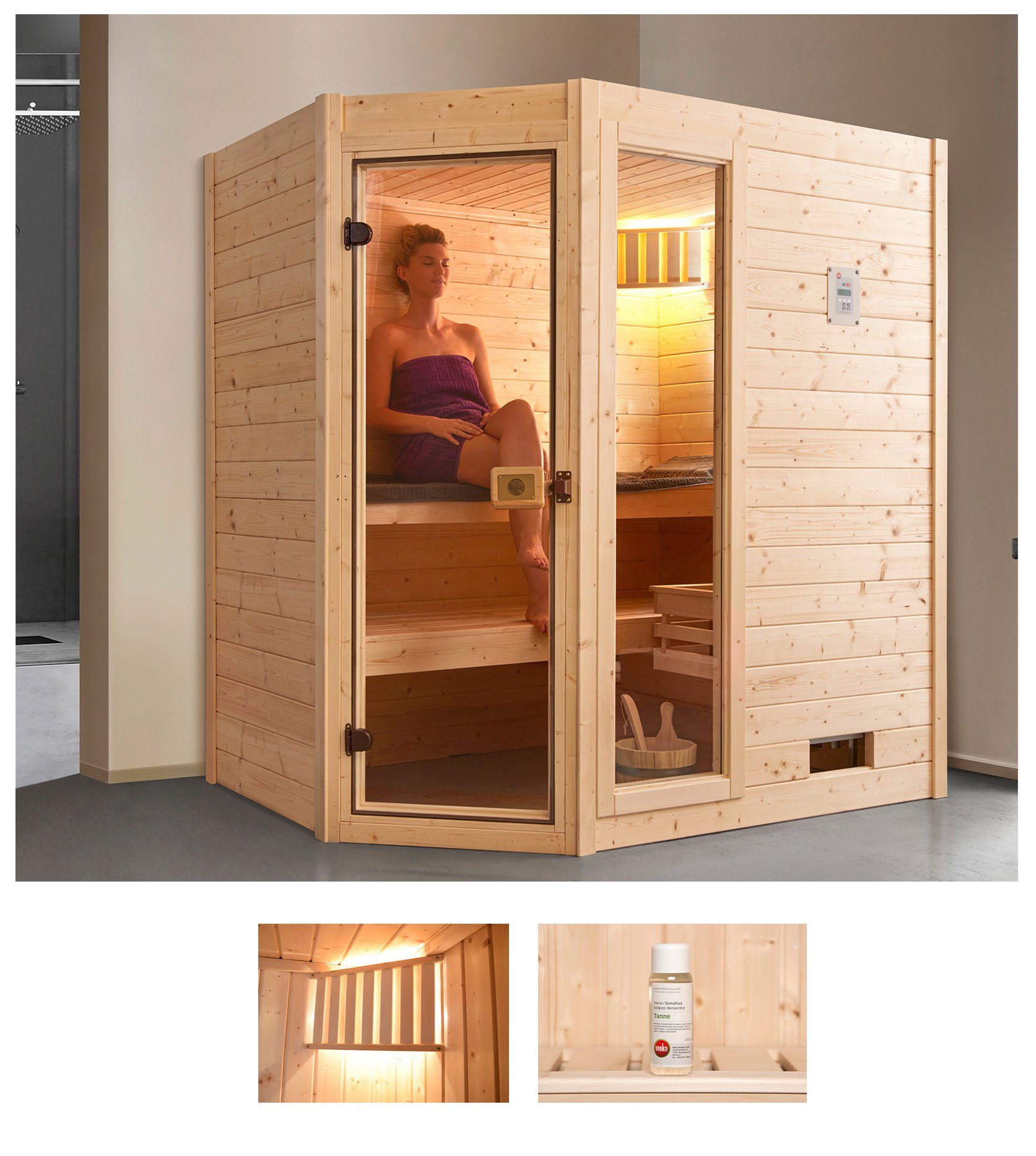 weka Sauna Valida Eck 1, BxTxH: 189 x 139 x 203,5 cm, 38 mm, 5,4 kW Ofen mit int. Steuerung, mit Fenster