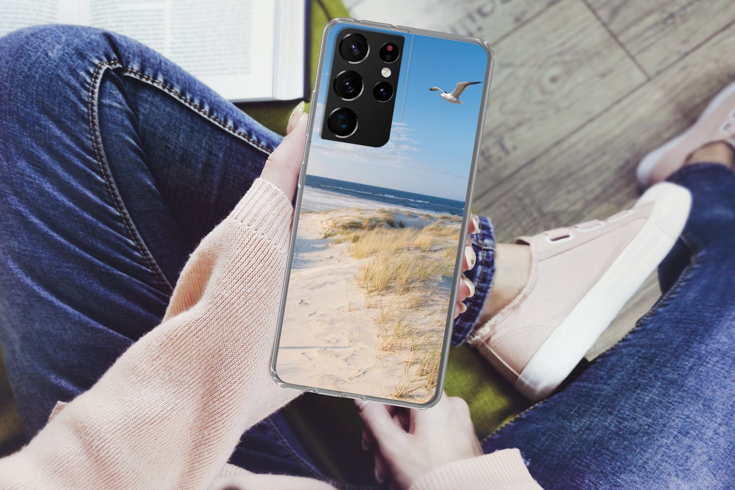 MuchoWow Handyhülle für Samsung Galaxy S21 Ultra Düne - Möwe - Strand - Meer - Sonne, Phone Case, Silikon, Schutzhülle Dünn