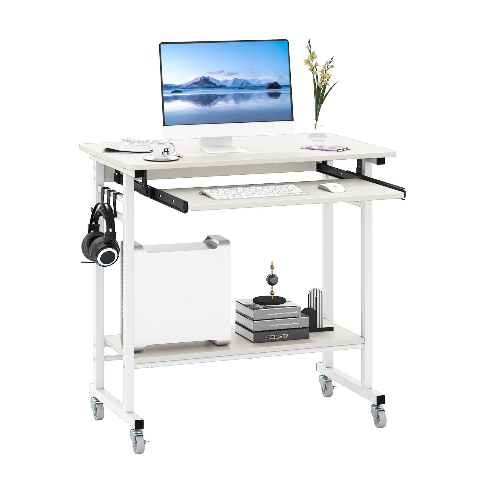 COSTWAY Computertisch, mit Rollen & Tastaturablage, platzsparend, 80x50x78cm