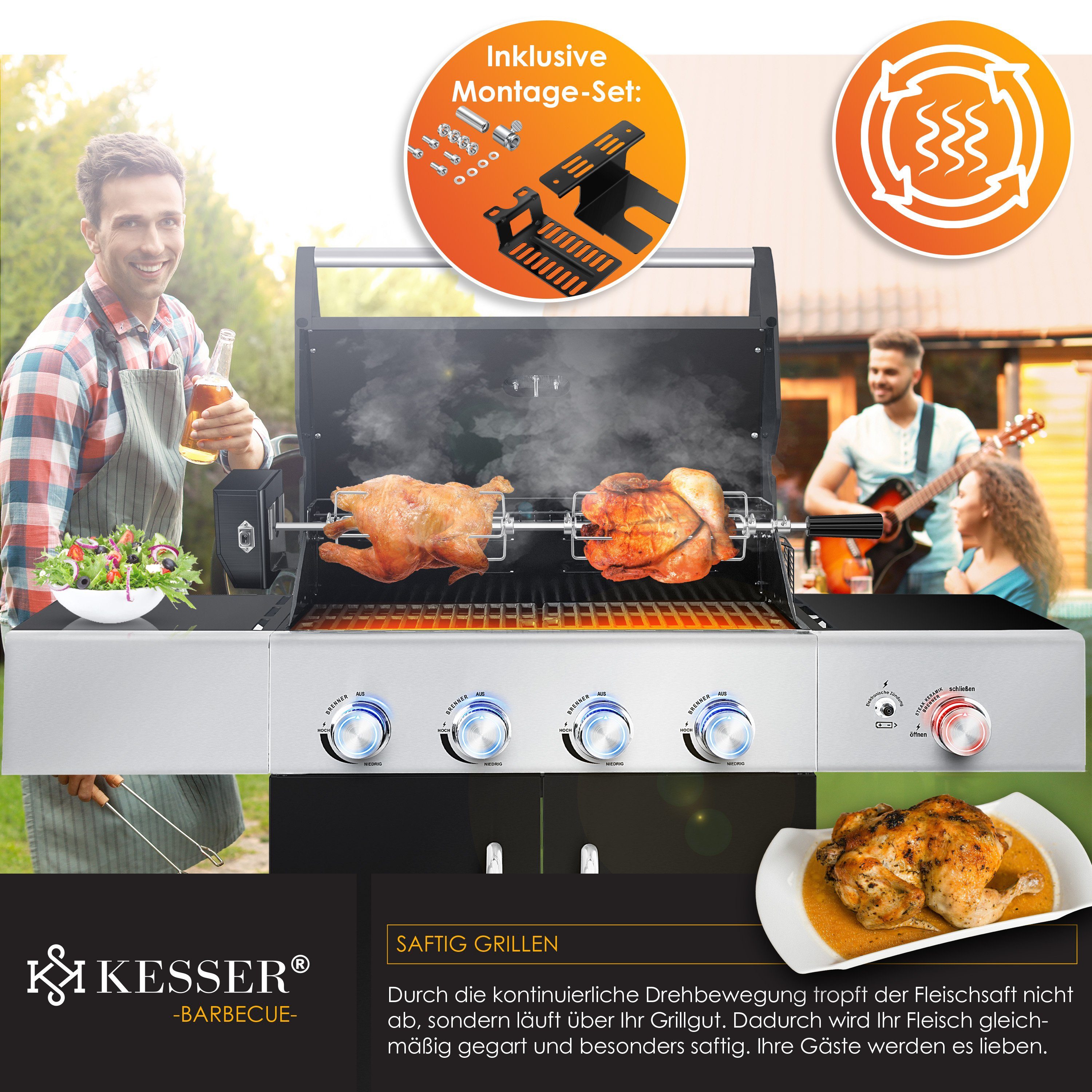 KESSER Grillspieß Set 116cm – Motor, 4 Fleischgabeln, bis 25kg Tragkraft, Für Gas-, Kohle- & Smokergrills, hitzefester Griff, ruckelfrei