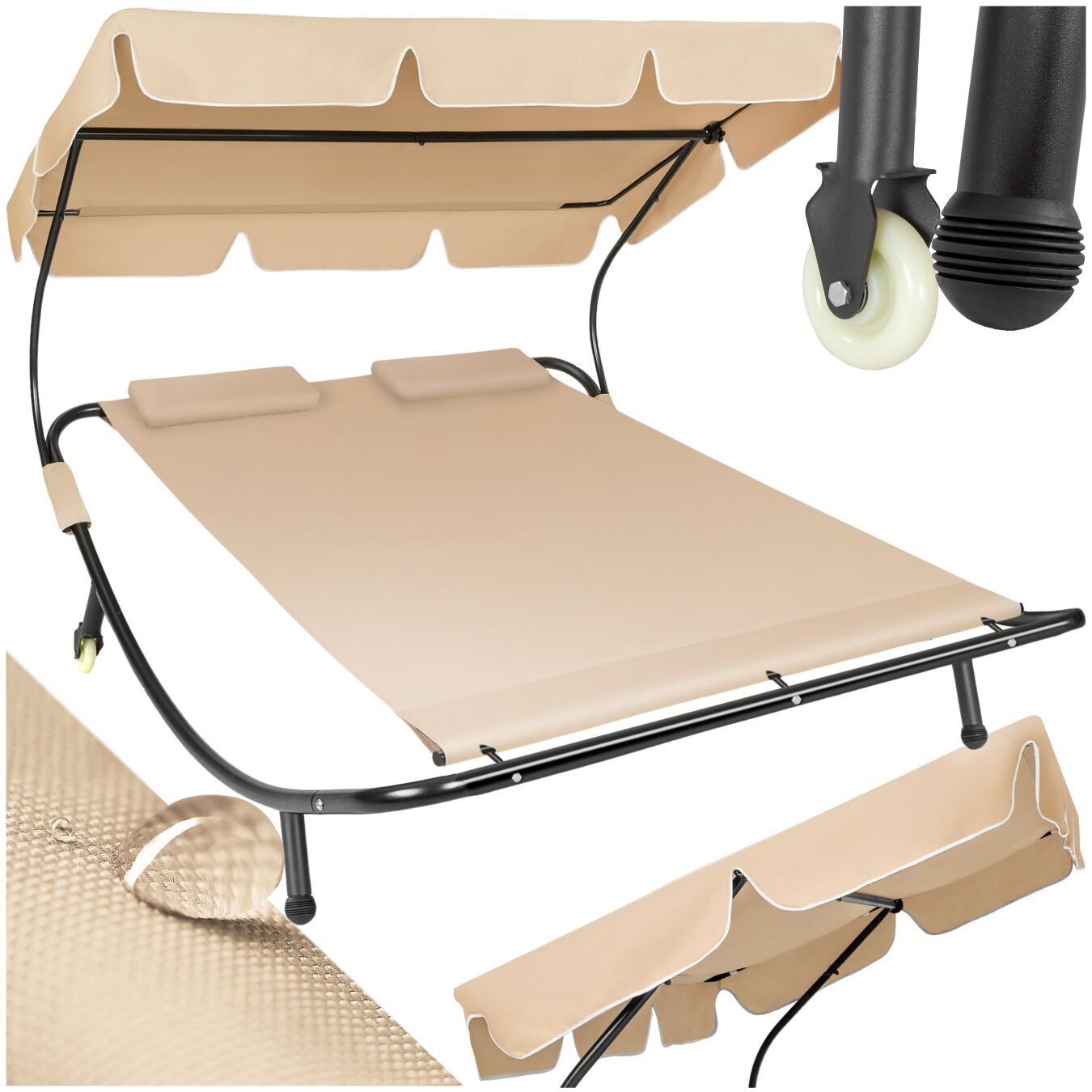 tectake Gartenliege Sonnenliege, widerstandsfähig und UV-beständig, 215 x 183 x 150 cm, Balkonliege Livorno für 2 Personen, 1 St., für Außen in Schwarz/Beige, stufenlos verstellbares Sonnendach, 2 Transportrollen, 2 Kopfpolster