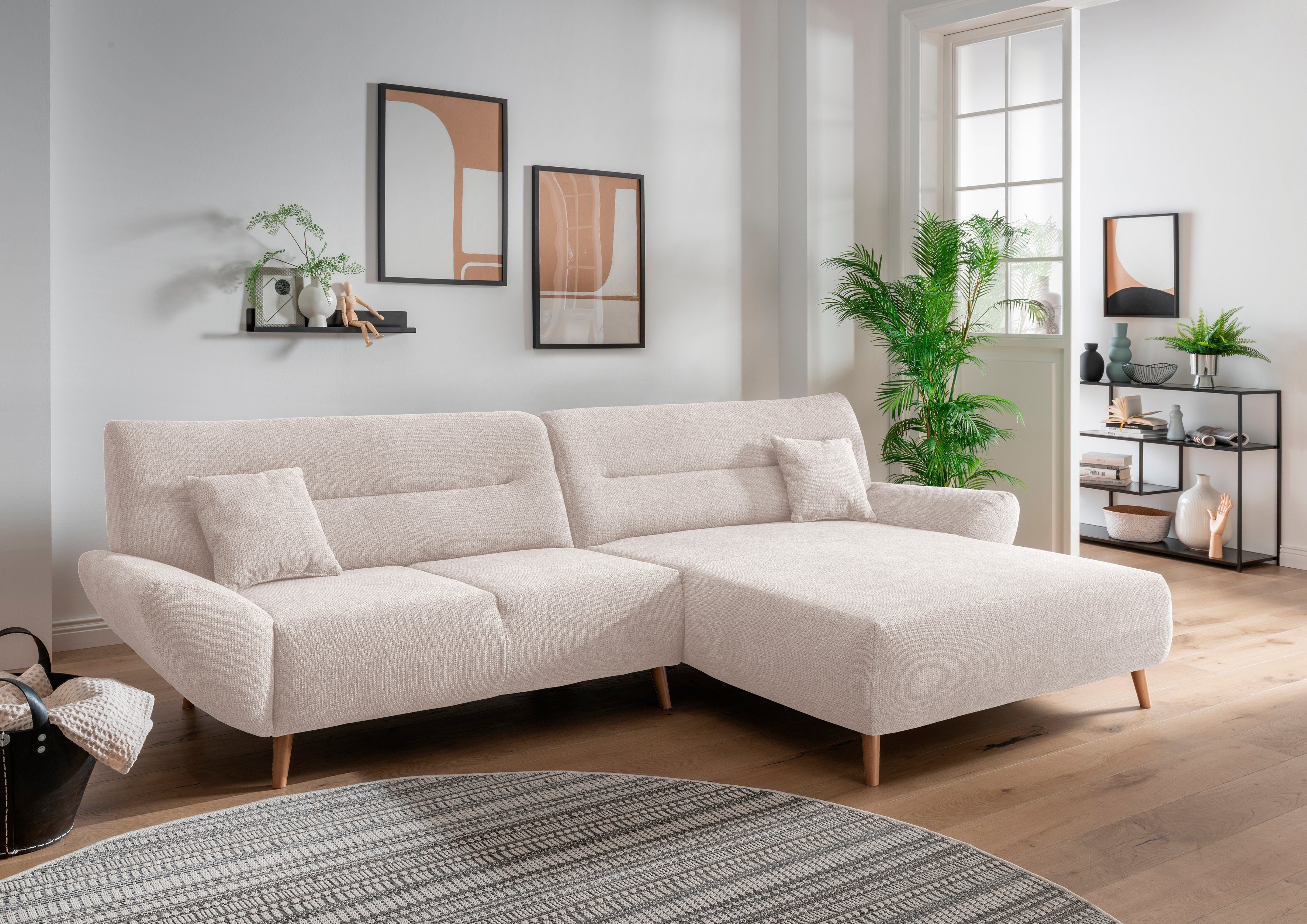 INOSIGN Ecksofa Drago, elegant und zeitlos, komfortabel, Holzfuß, L-Form, frei im Raum stellbar, inkl. 2 Zierkissen