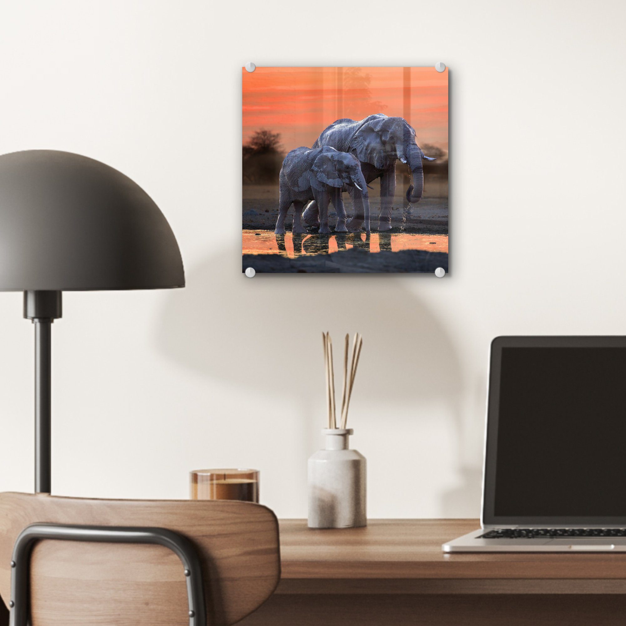 Sonnenuntergang Tiere Wandbild MuchoWow - Acrylglasbild Glasbilder auf Wasser - Wanddekoration Orange, - - - Elefant Foto Glas Bilder auf - (1 Glas St), -
