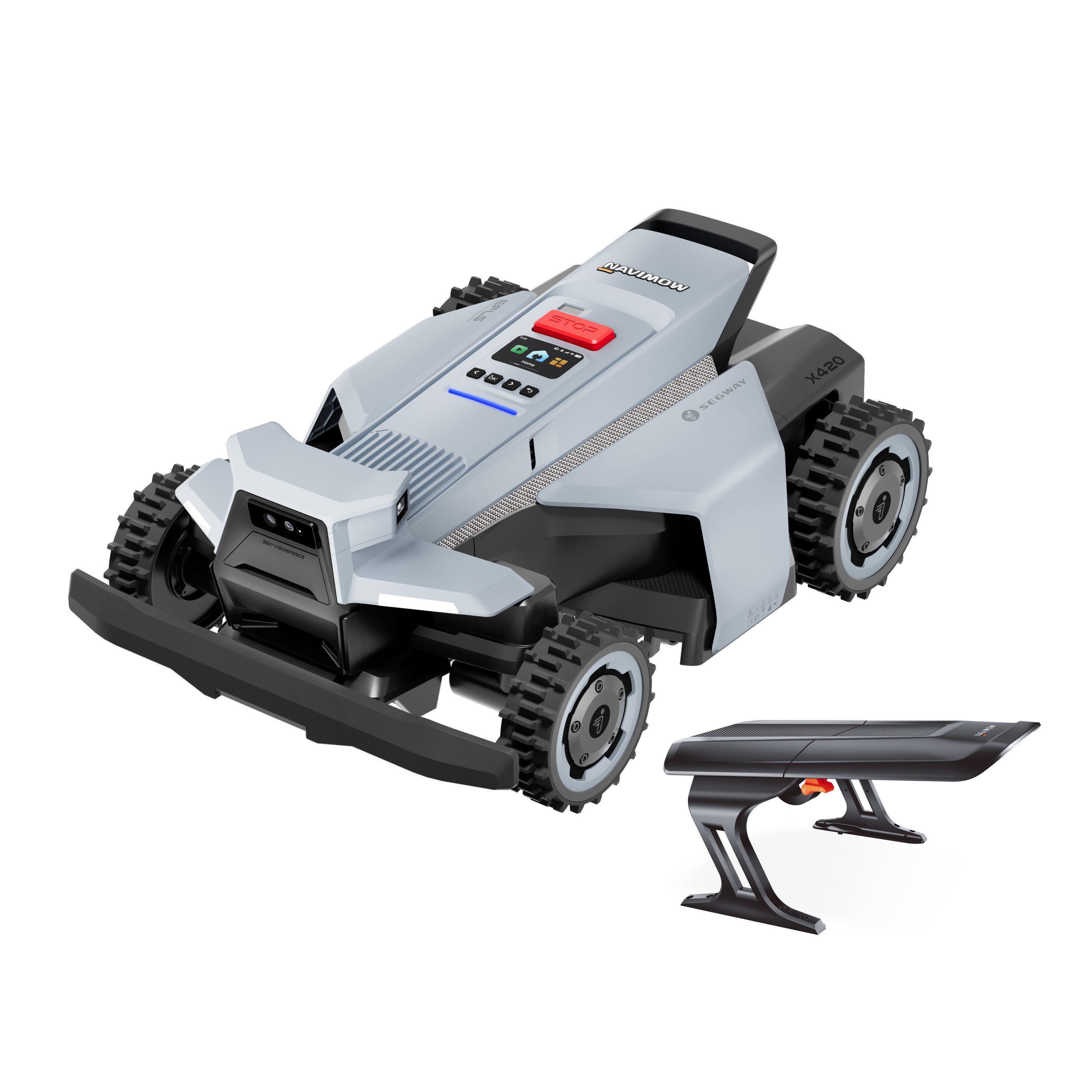 NAVIMOW Rasenmähroboter Segway X420 Mähroboter ohne Begrenzungskabel mit Garage X, bis 2000 m² Rasenfläche, (1-St., Zero-Turn AWD für 84 % Steigungen, NRTK+360° Vision), All-Terrain-Rasenmäher Roboter, Keine RTK-Basisstation