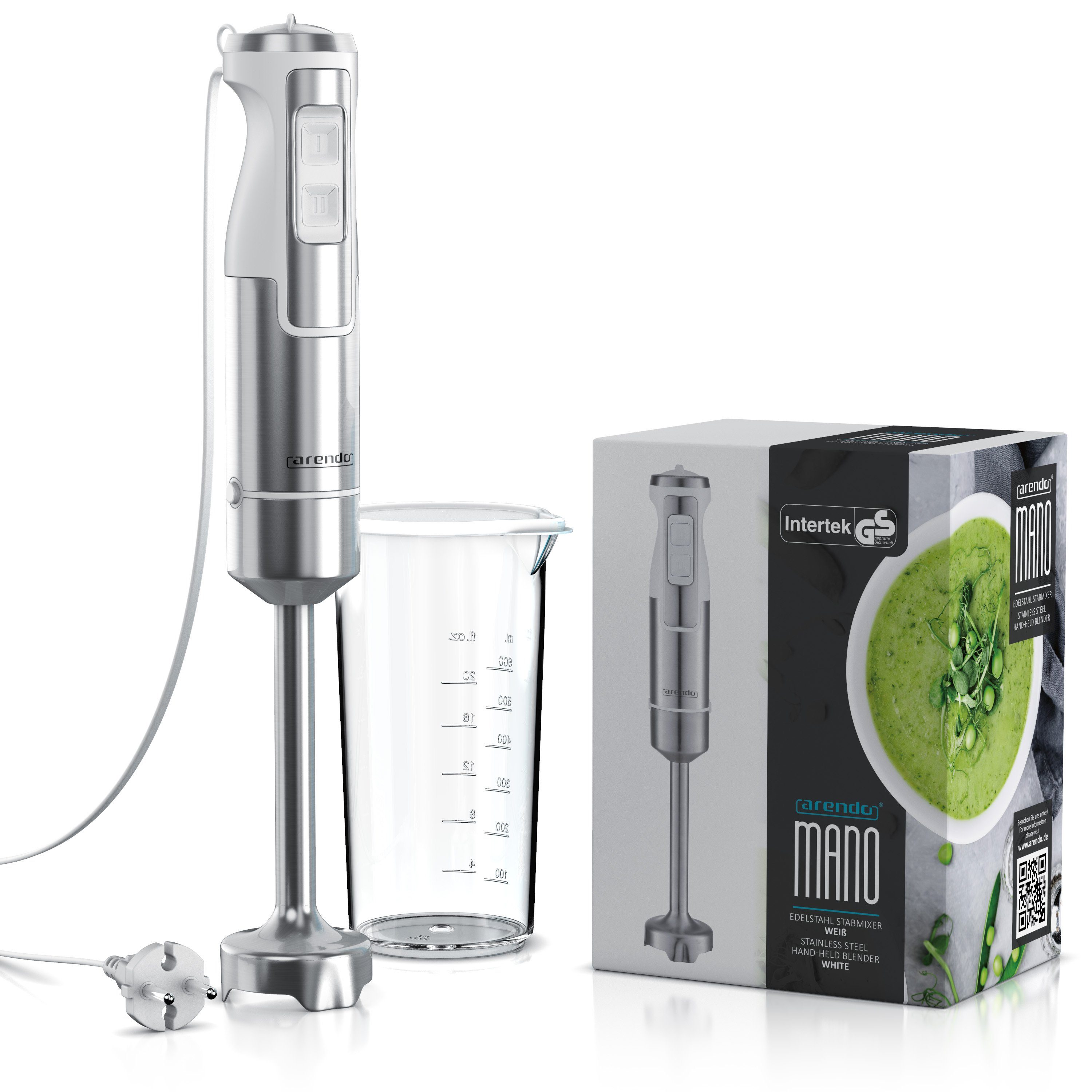 Arendo Stabmixer Edelstahl Pürierstab, Handmixer, stufenlose Regelung, weiß, 1000 W, Turbotaste, Abnehmbarer Mixfuß, GS-Zertifiziert