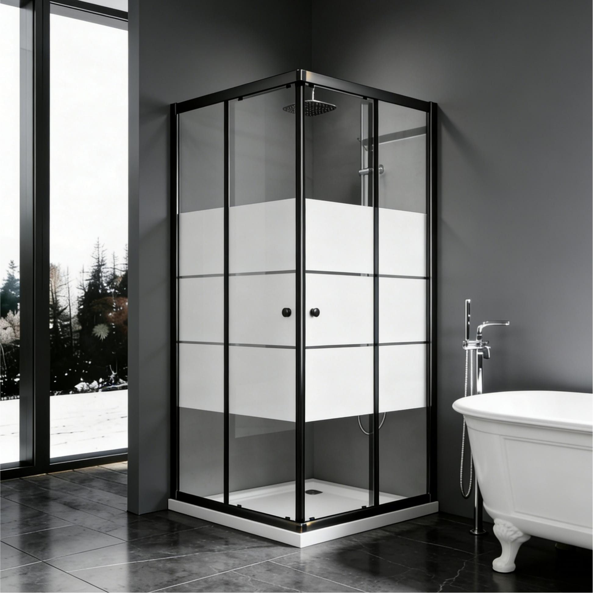 Boromal Eckdusche Duschkabine Schwarz mit Schiebetür Milchglas Höhe:185cm, BxT: 75x75 cm, Sicherheitsglas, 5mm ESG Glas Dusche Duschwand Duschabtrennung