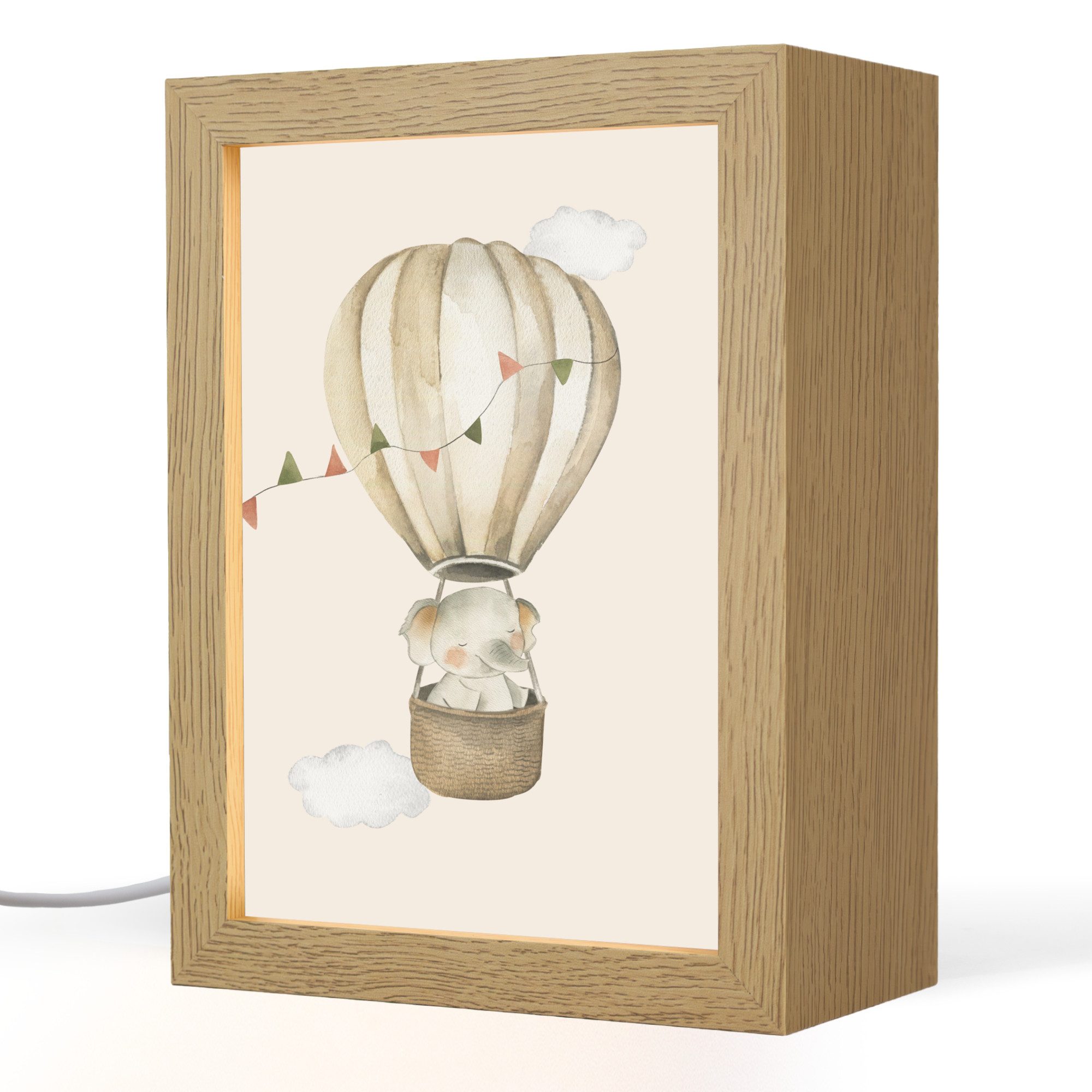 OnlyWow Nachttischlampe Lightbox Heißluftballon - Elefant - Aquarell - Beige - Tiere - Mädchen, Dimmbar, Farbwechsel, LED, Warmweiß, Kaltweiß, Neutralweiß Einstellbar, Kinderzimmer, Babyzimmer, Dimmbar, mit Kabel, Nachtlampe, LED