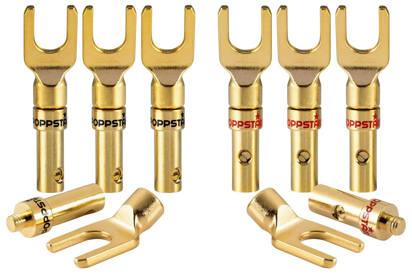 Poppstar Kabelschuhe für Lautsprecherkabel, Stecker 24k vergoldet Audio-Adapter, 8x Gabelstecker elektrische Verbindung von Kabeln bis 4mm² Querschnitt