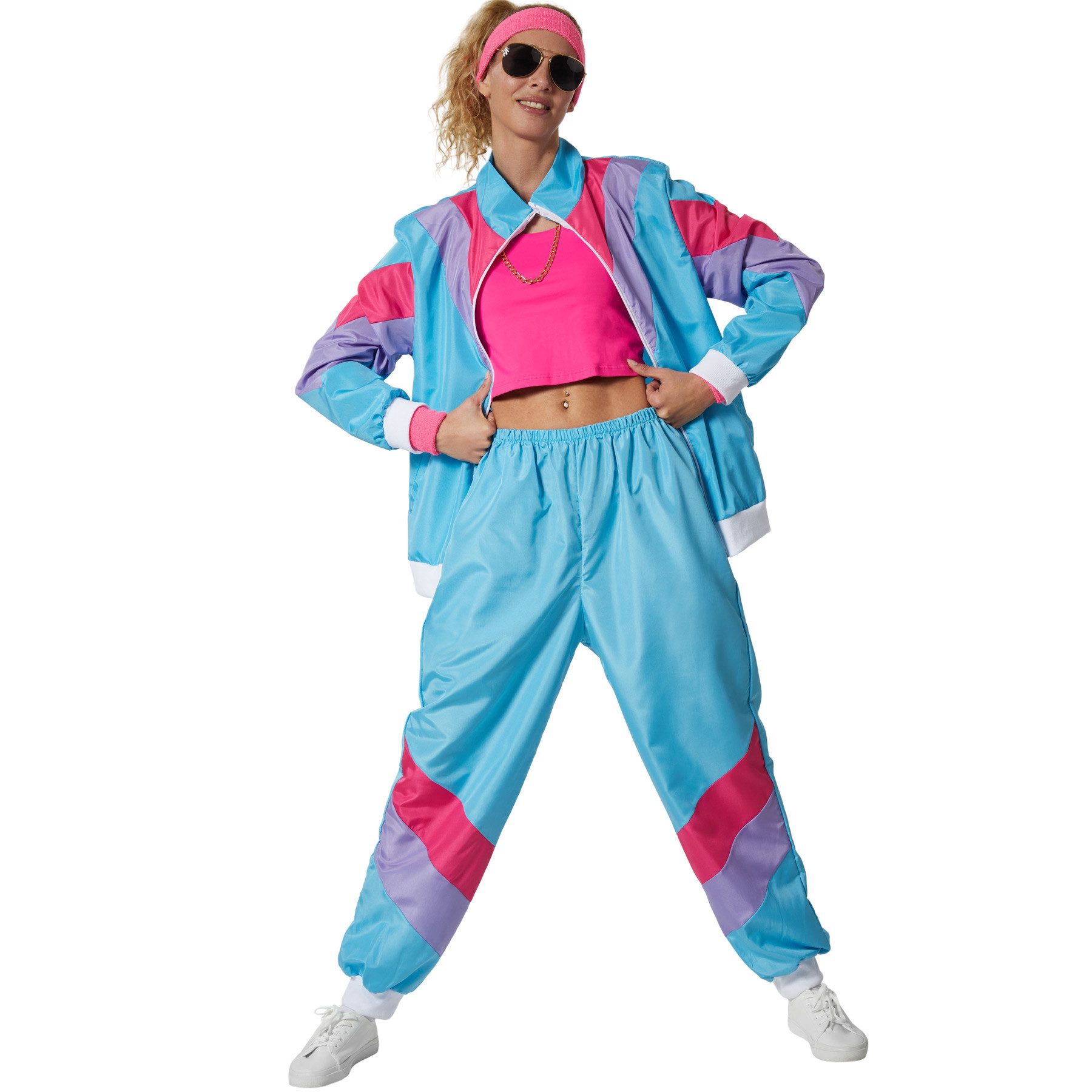 dressforfun Kostüm Damenkostüm, Hellblaue und pinke Jacke und Hose im Retro-Look.