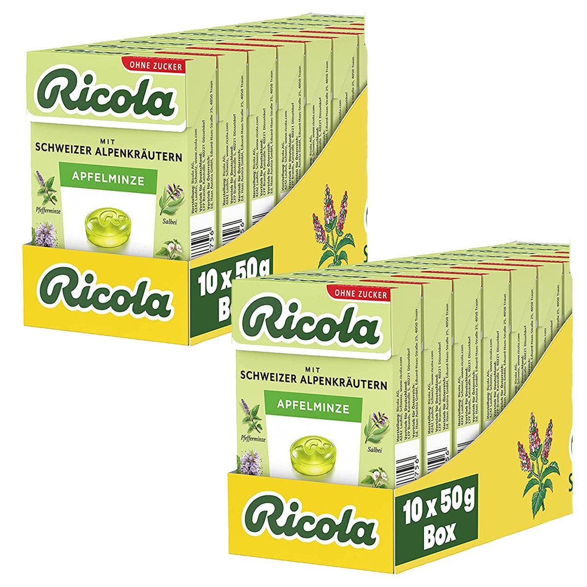RICOLA Süßigkeit, Ricola Apfelminze ohne Zucker im Böxli mild frisch 50g 20er Pack