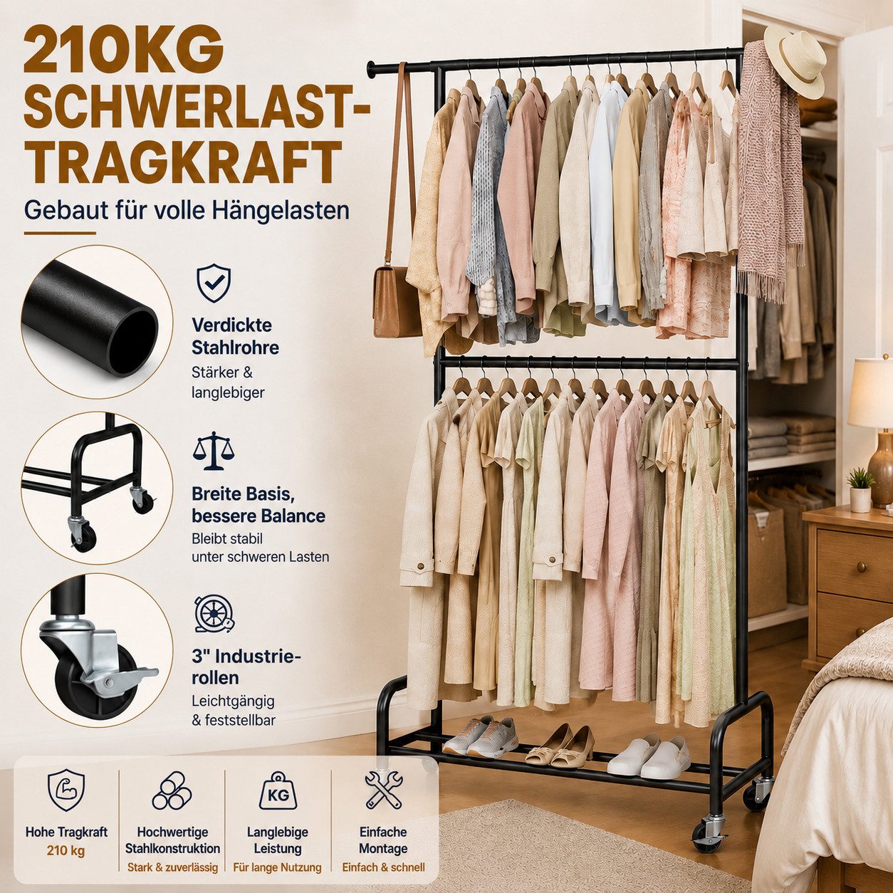 Yorbay Kleiderständer Schwerlast Garderobenständer auf Rollen,bis 210 kg Belastbar, (110/150*48*198cm), 110–150 cm verstellbar, 198 cm hoch, Doppel-Kleiderstang – Bild 5 von 5