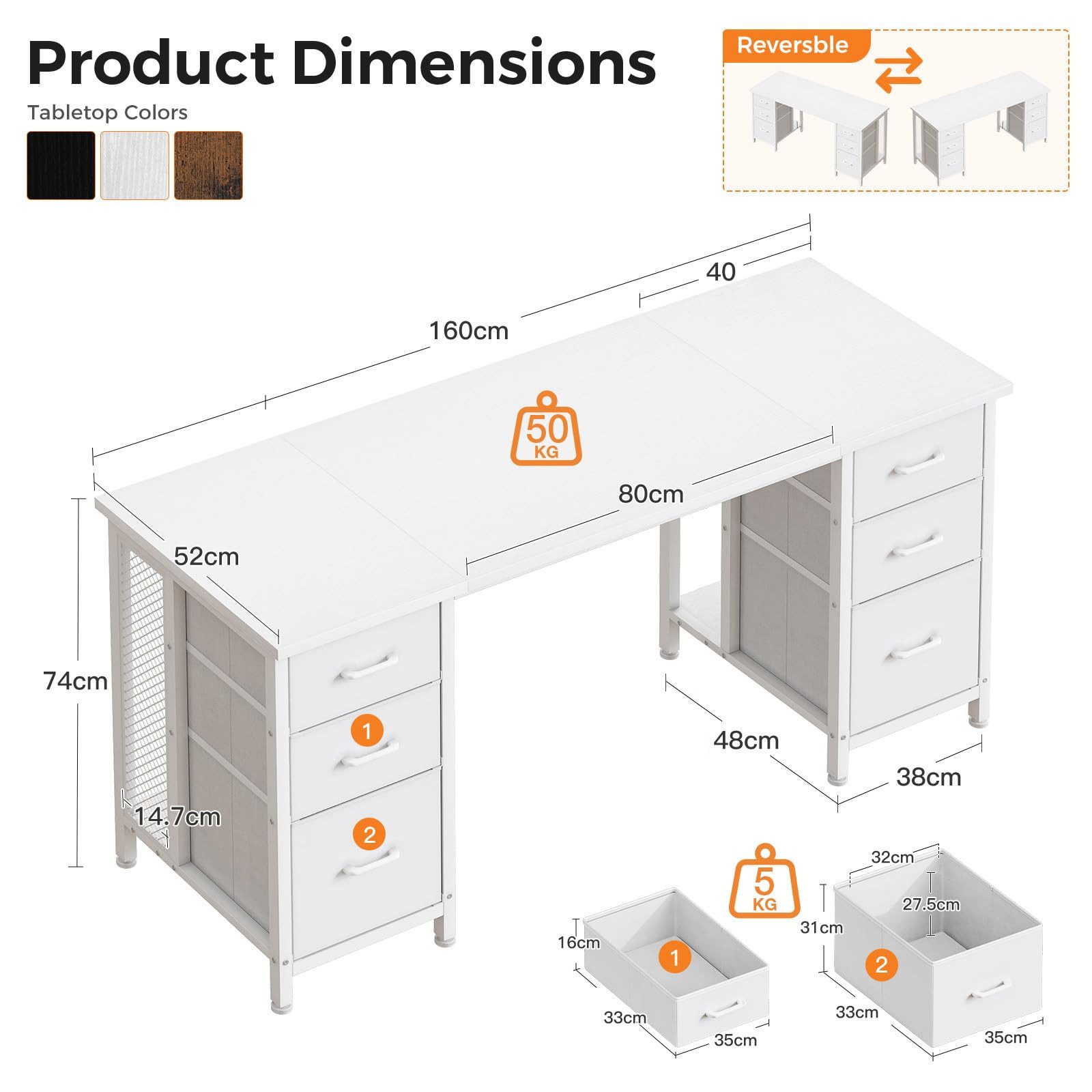 ODK Schreibtisch mit 6 Stoffschubladen, Umbaubarer Computertisch mit Regal (1-St), 160x52 cm Weiß, Viel Stauraum, Ideal für Büro & Gaming