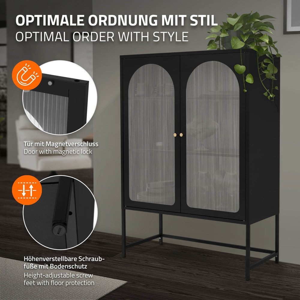 ML-DESIGN Vitrine Buffet Küchenschrank Vitrinenschrank Stahl Standvitrine mit Stauraum Wohnzimmer Hochschrank Standschrank Stahlschrank Kommode Bücherschrank – Bild 4 von 5