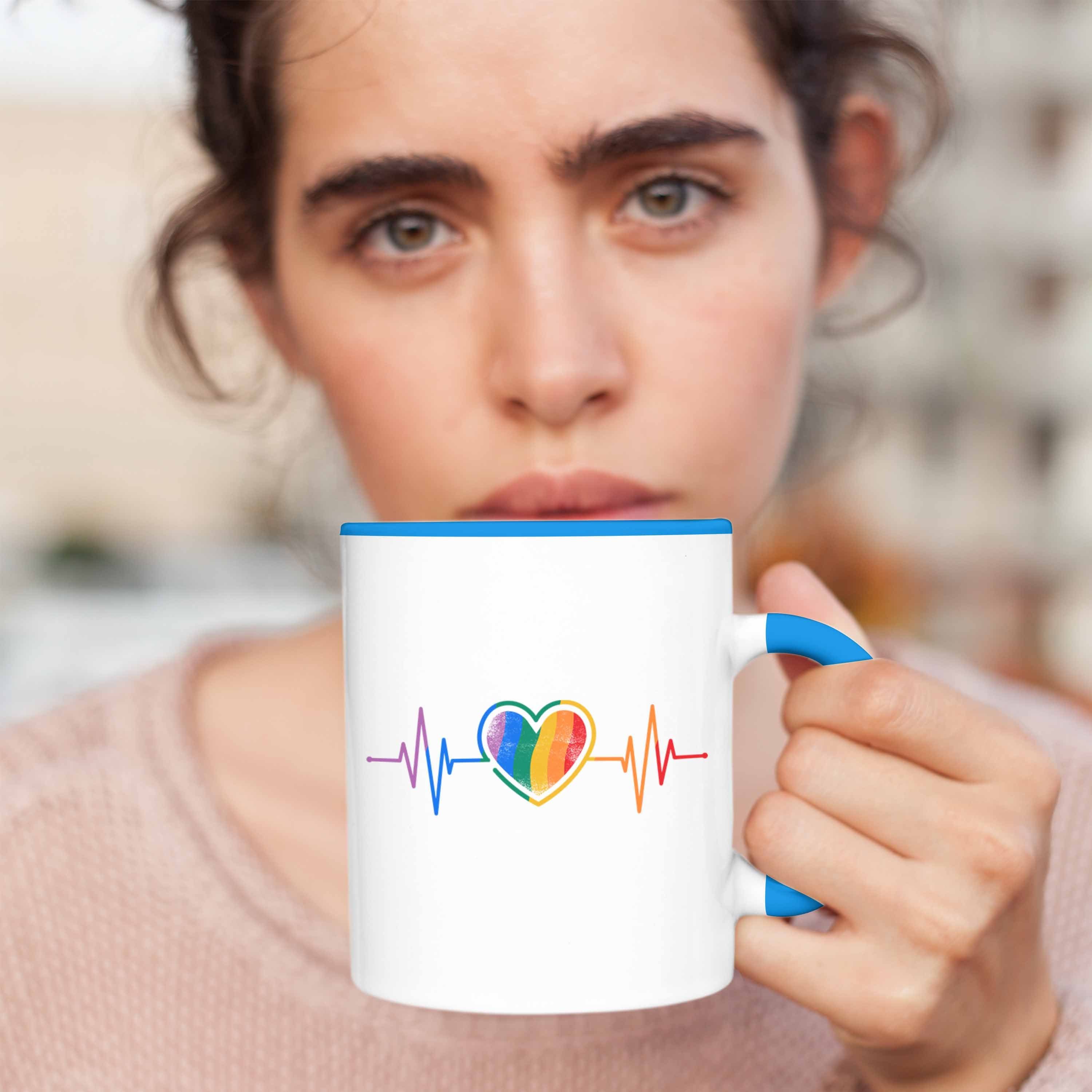 - Tasse Regenbogen Lesben Trendation für Schwule Grafik Herzschlag Transgender LGBT Geschenk Trendation Tasse Blau Lustige