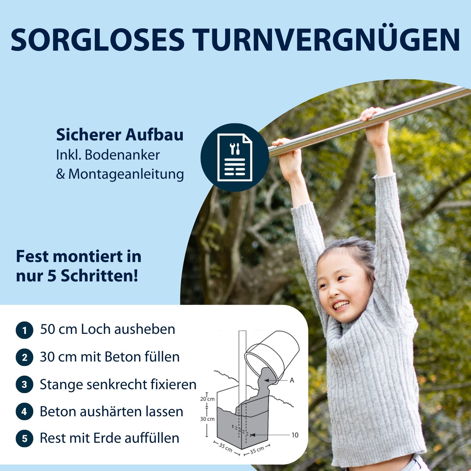 Hudora Turnreck Vario Outdoor/Garten, Reckstange, Turnstange für Kinder & Erwachsene, höhenverstellbar