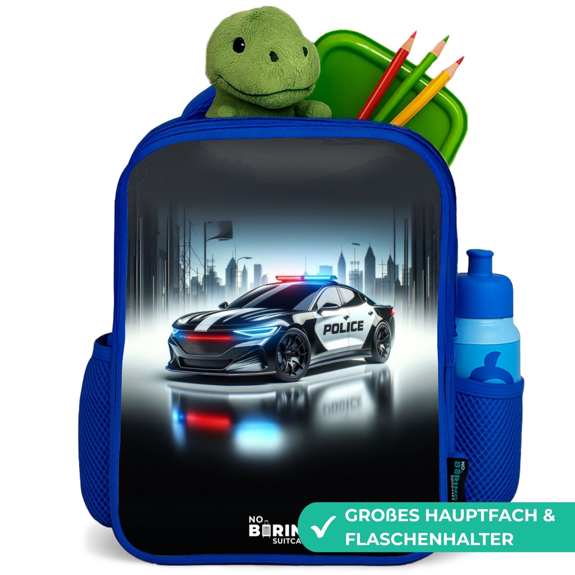 NoBoringSuitcases.com© Rucksack Blau - Schwarz-weißes Polizeiauto vor einer Skyline, Kinderrucksack, Schulrucksack, Freizeitrucksack, Jungen, Kindergarten – Bild 2 von 5