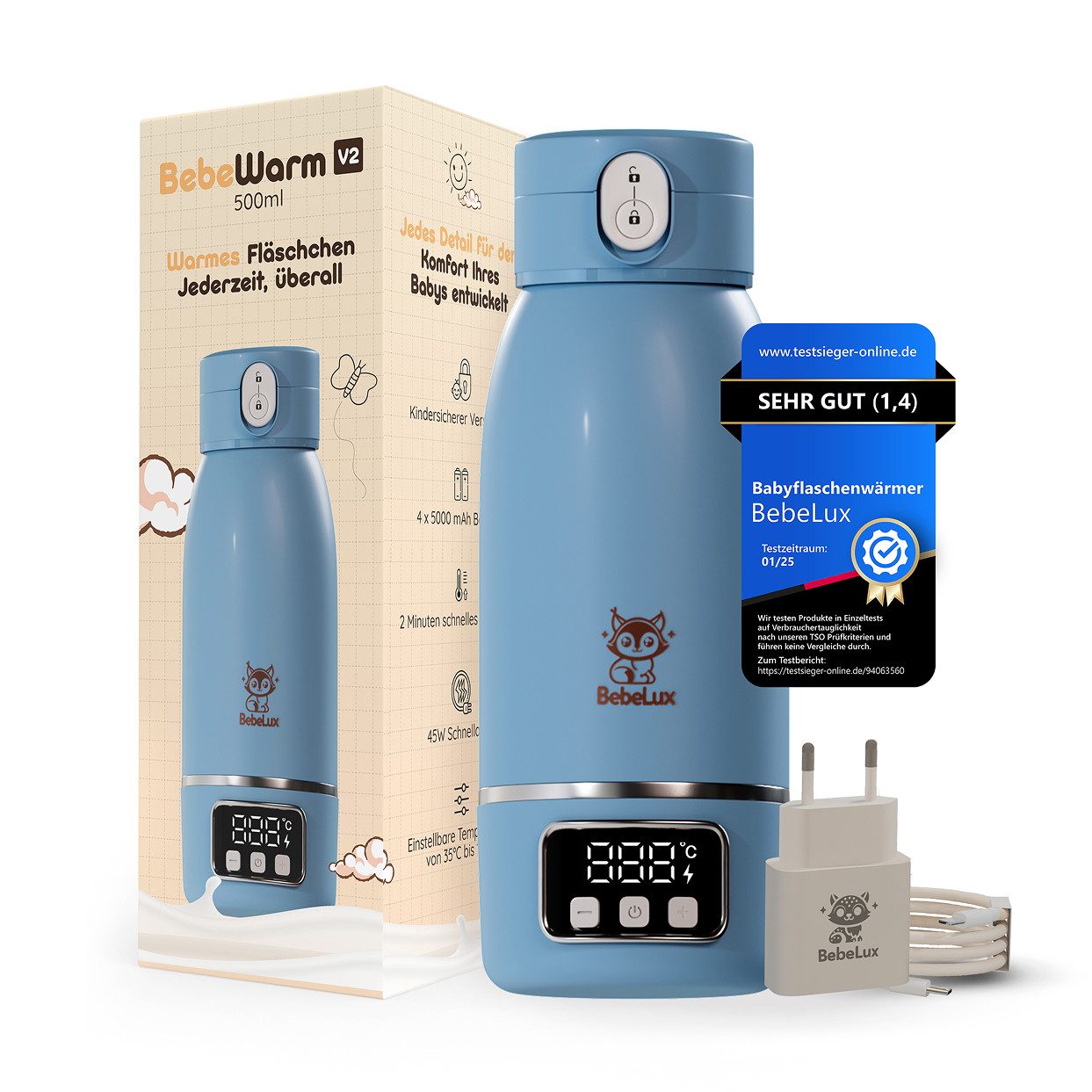 BebeLux Babyflaschenwärmer BebeWarm V2- In 2 Min trinkfertig für Milch, Muttermilch & Wasser, 15 Flaschen pro Ladung, BPA-frei & Sterilisation bis 100 °C