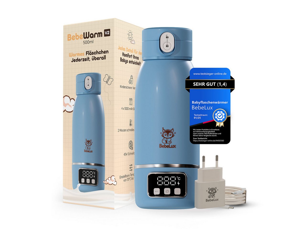 BebeLux Babyflaschenwärmer BebeWarm V2- In 2 Min trinkfertig für Milch, Muttermilch & Wasser, 15 Flaschen pro Ladung, BPA-frei & Sterilisation bis 100 °C