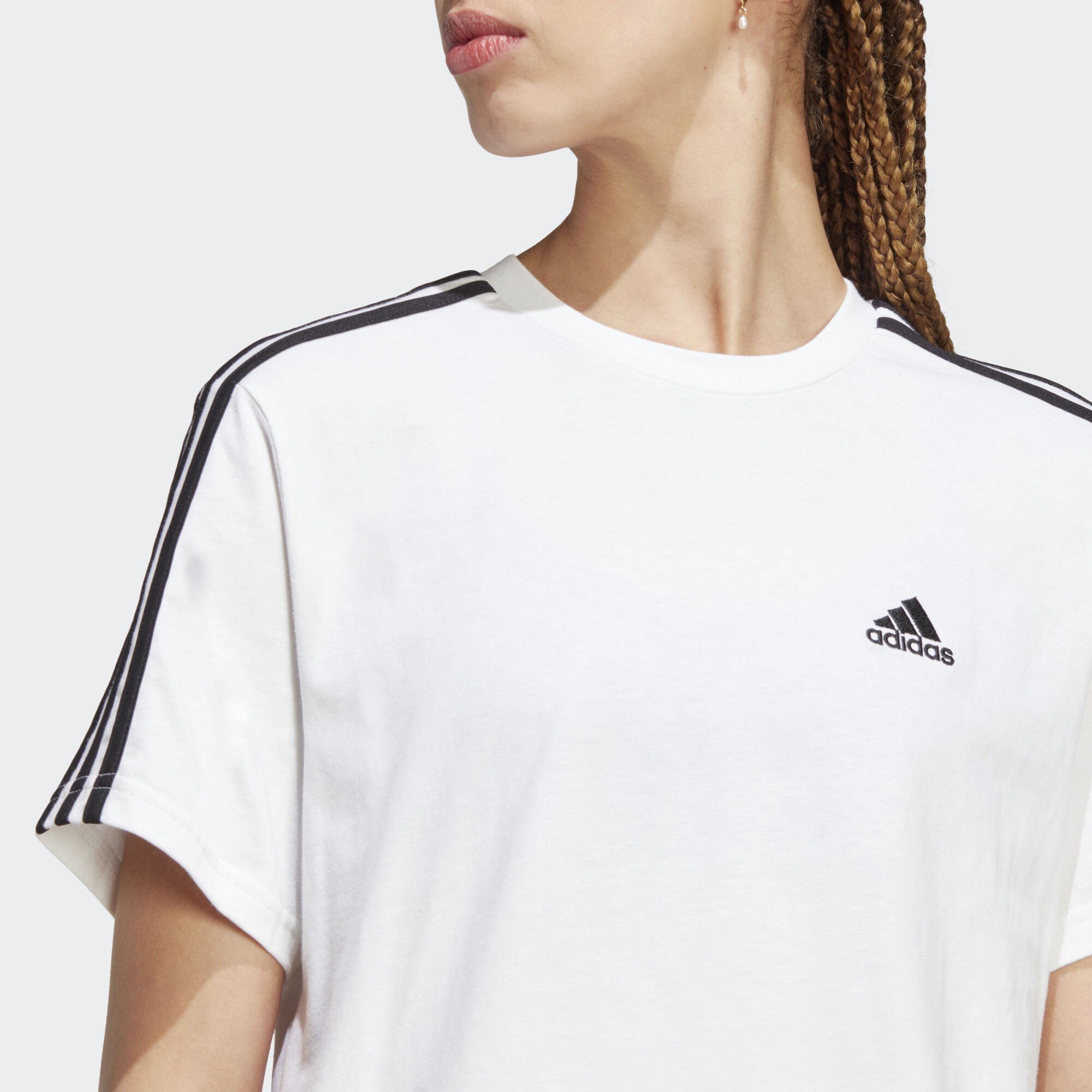 adidas Sportswear T-Shirt White CROP-TOP SINGLE Black JERSEY 3-STREIFEN ESSENTIALS 