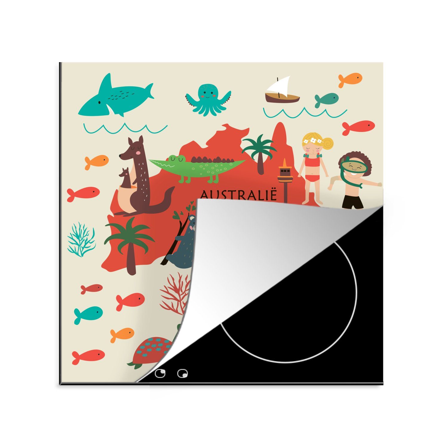 - (1 MuchoWow Arbeitsplatte - küche Ceranfeldabdeckung, Rot, Vinyl, Australien tlg), Kinder cm, Weltkarte 78x78 für Herdblende-/Abdeckplatte