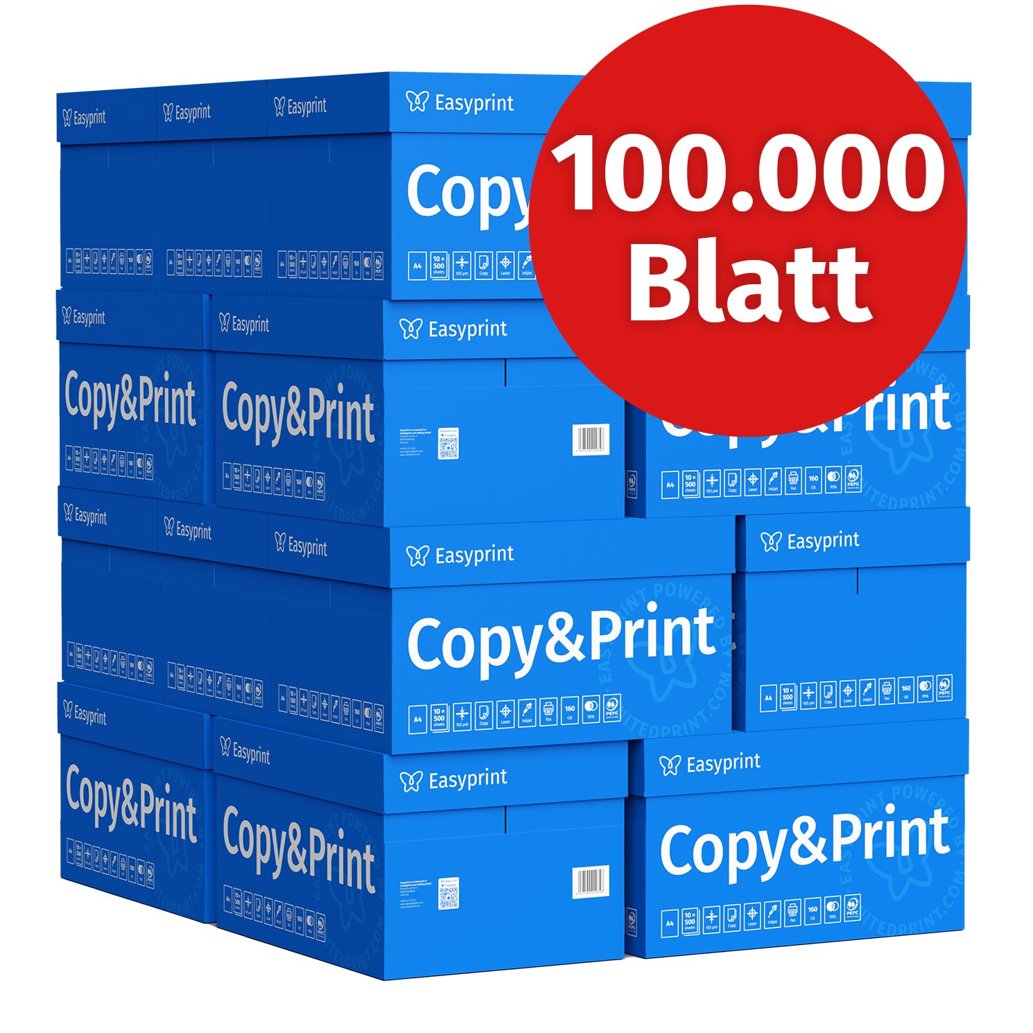 Easyprint Drucker- und Kopierpapier Kopierpapier 100000 Blatt A4 Premium Hochweiß CIE 160 Testsieger PEFC