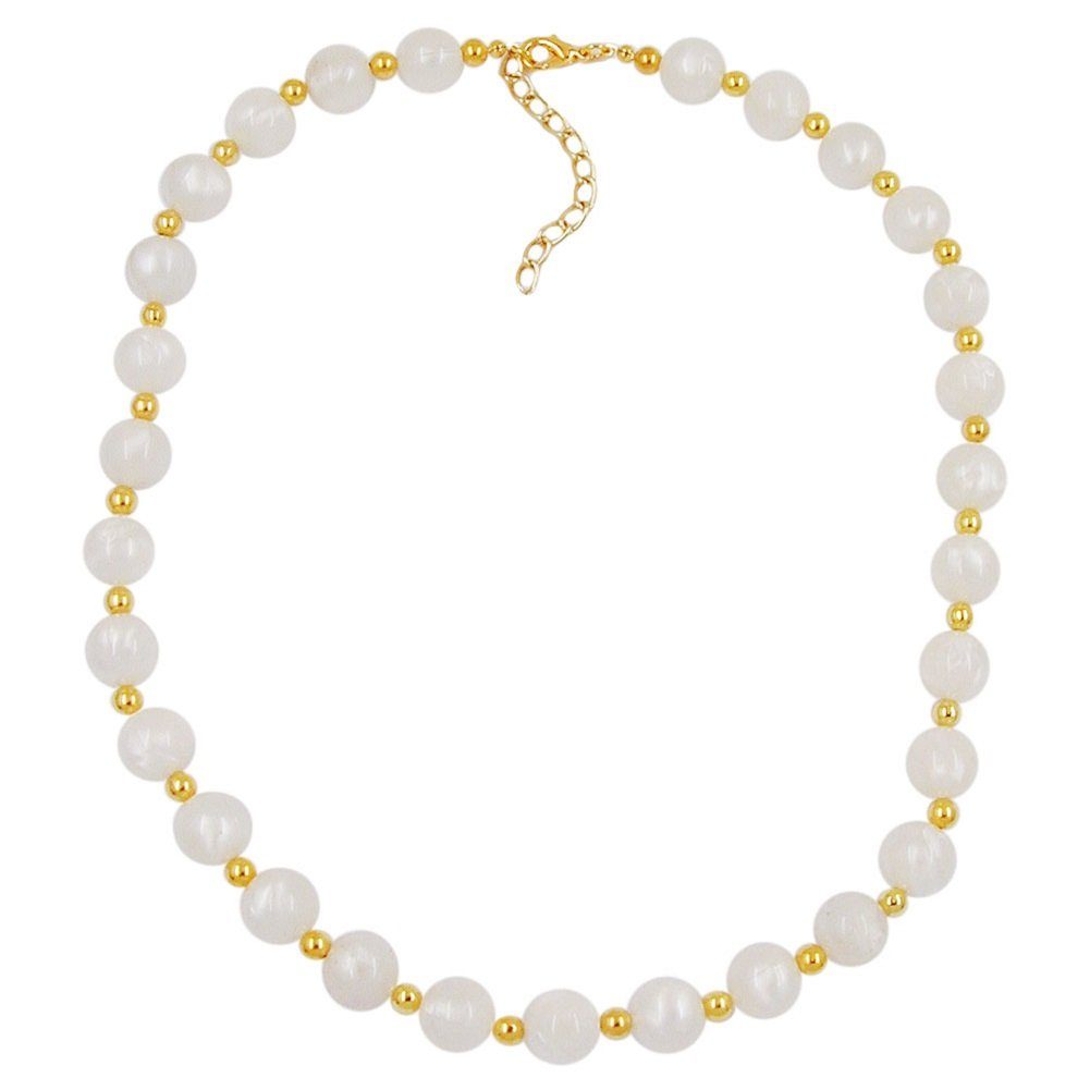 unbespielt Collier Perlenkette seidig-weiss und goldfarbene Kunststoffperlen 80 cm, Modeschmuck für Damen | Lange Ketten
